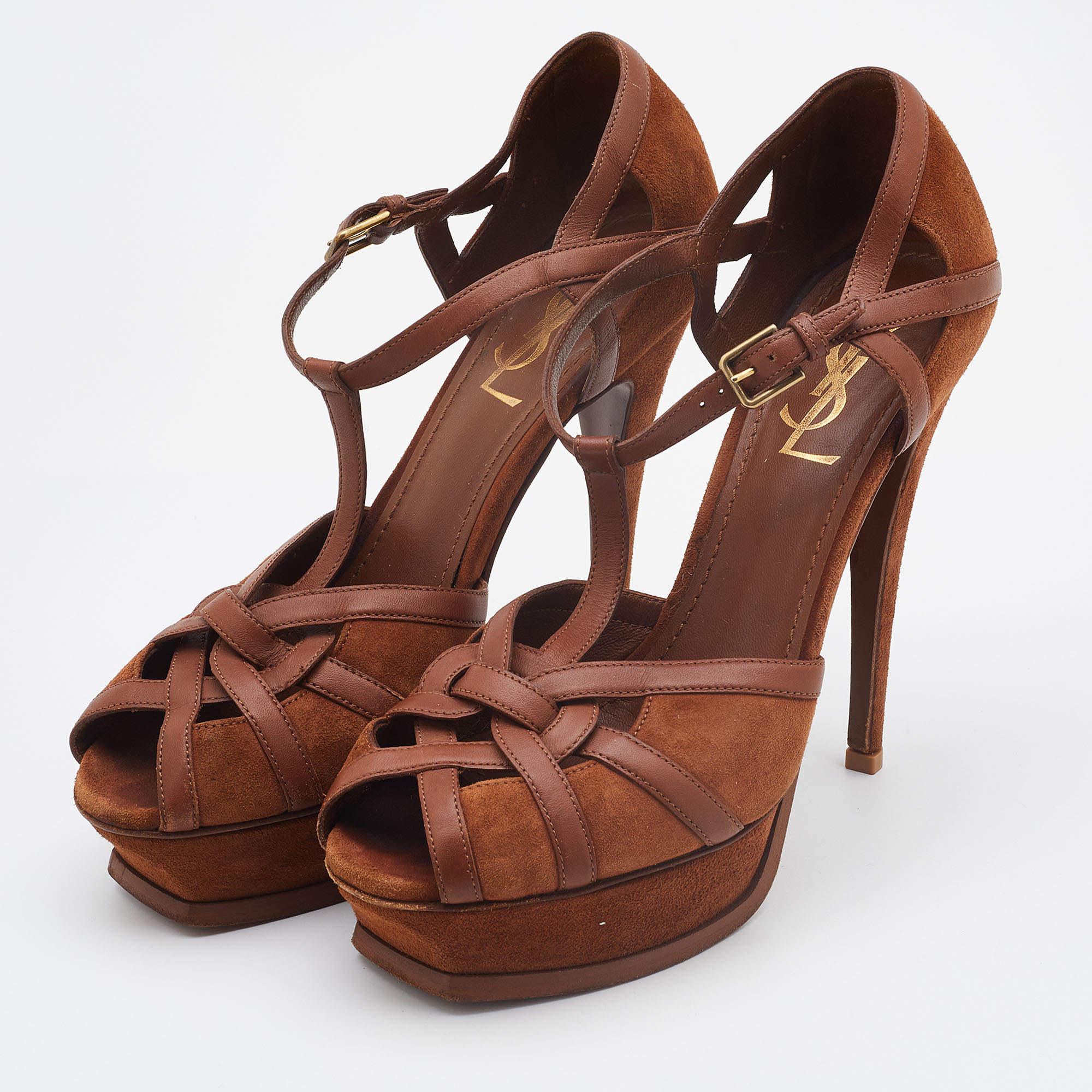 Women's Yves Saint Laurent Brown Suede and Leather Tribute Sandals Size 38.5 For Sale