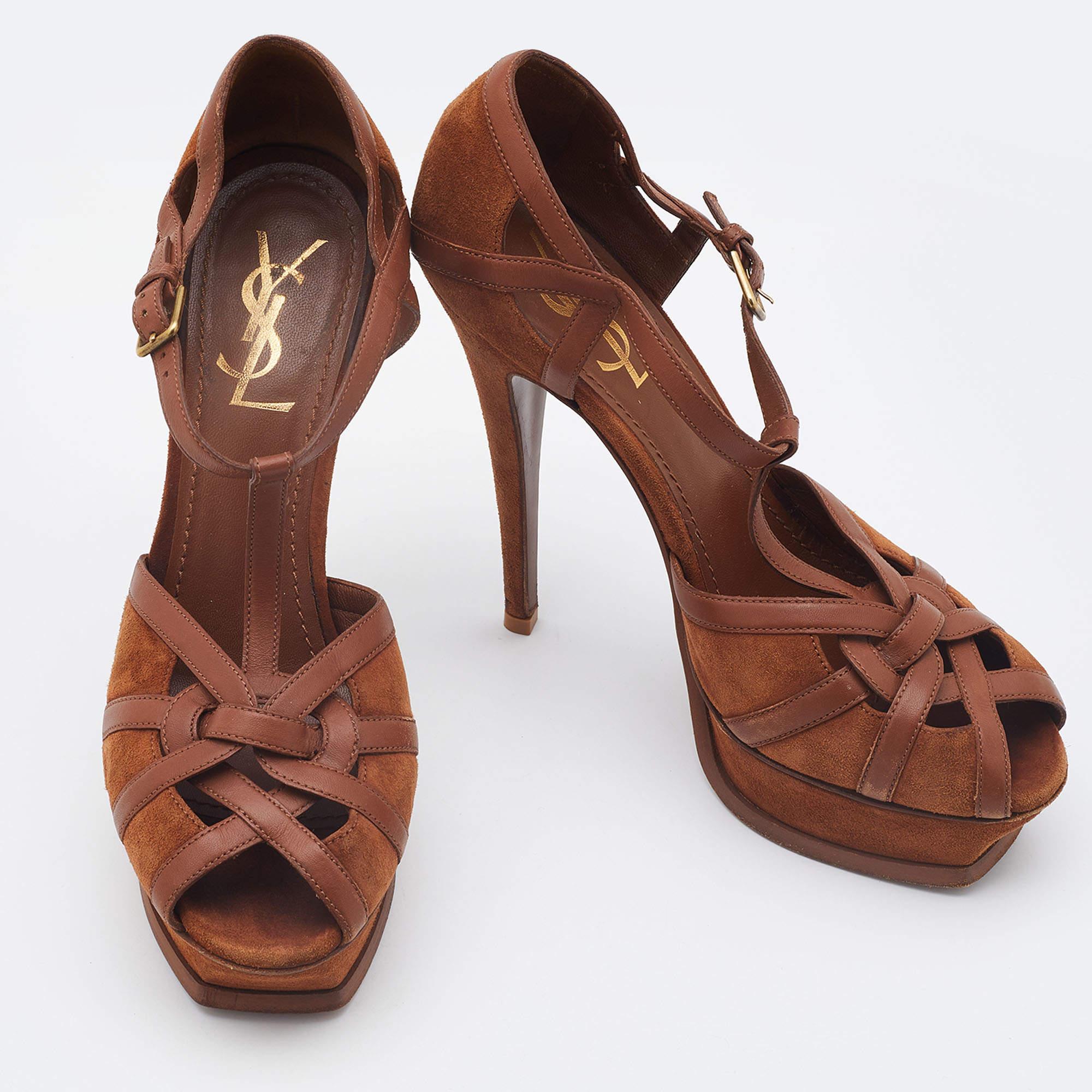 Yves Saint Laurent Brown Suede and Leather Tribute Sandals Size 38.5 For Sale 1