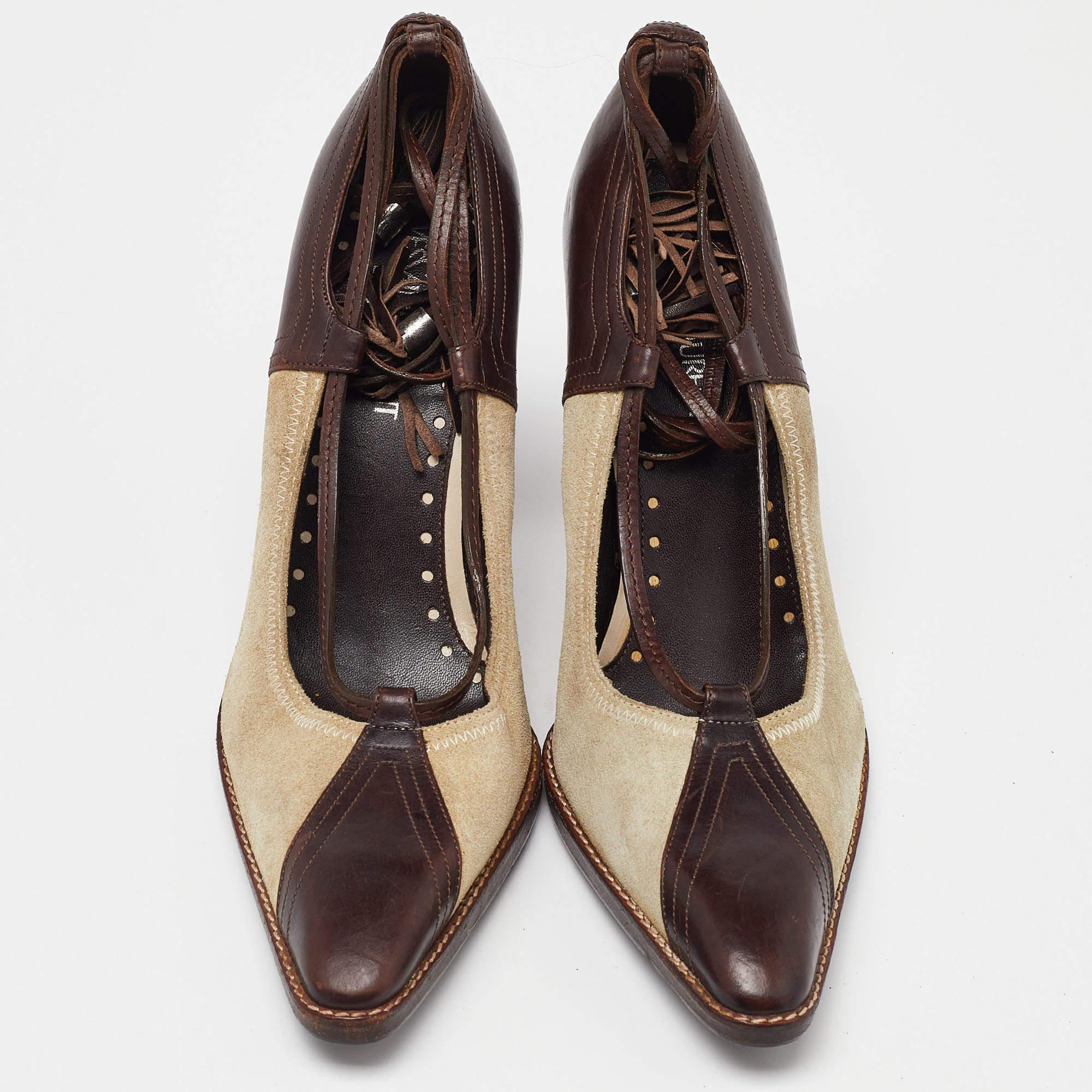 Black Yves Saint Laurent Brown Suede Leather Fringe Detail Ankle Wrap Pumps Size 37 For Sale