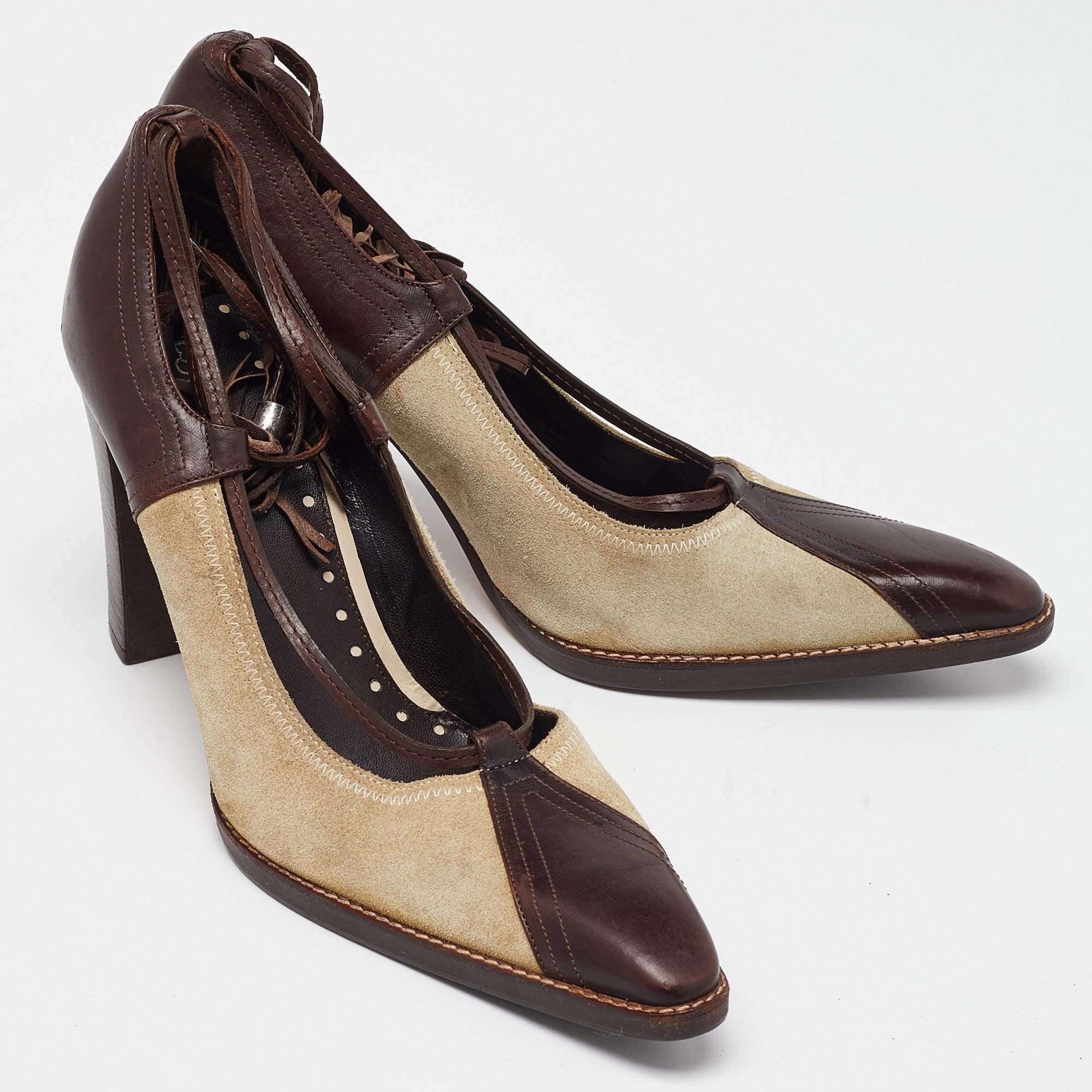 Yves Saint Laurent Brown Suede Leather Fringe Detail Ankle Wrap Pumps Size 37 In Good Condition For Sale In Dubai, Al Qouz 2