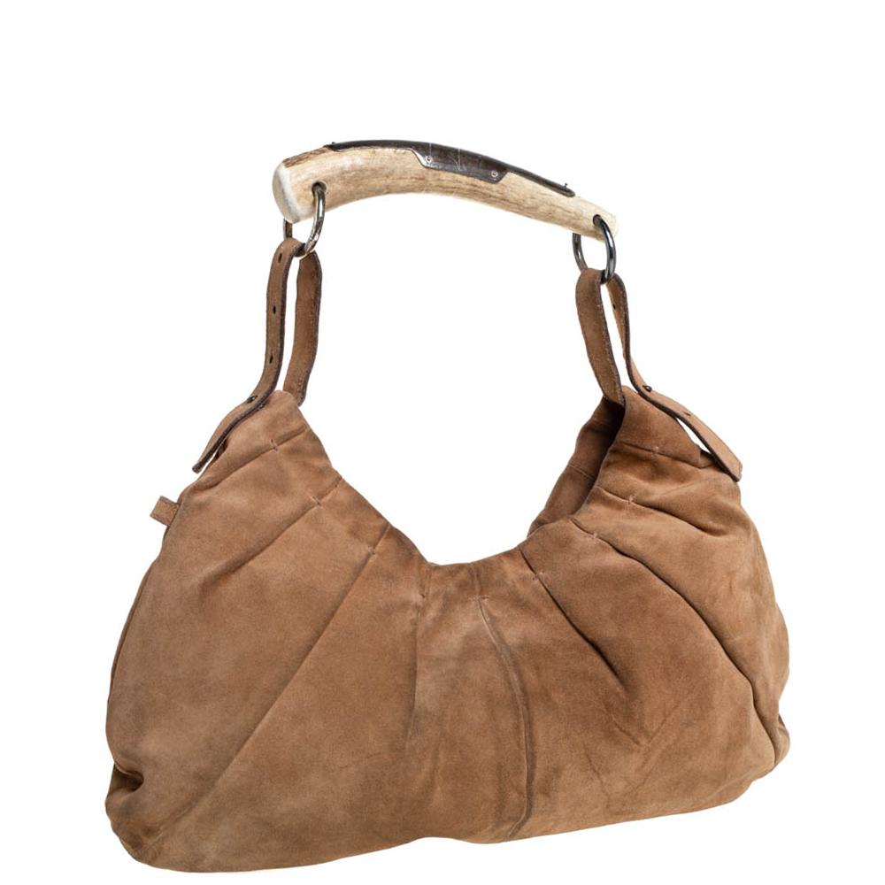 Yves Saint Laurent Brown Suede Mombasa Hobo In Good Condition In Dubai, Al Qouz 2