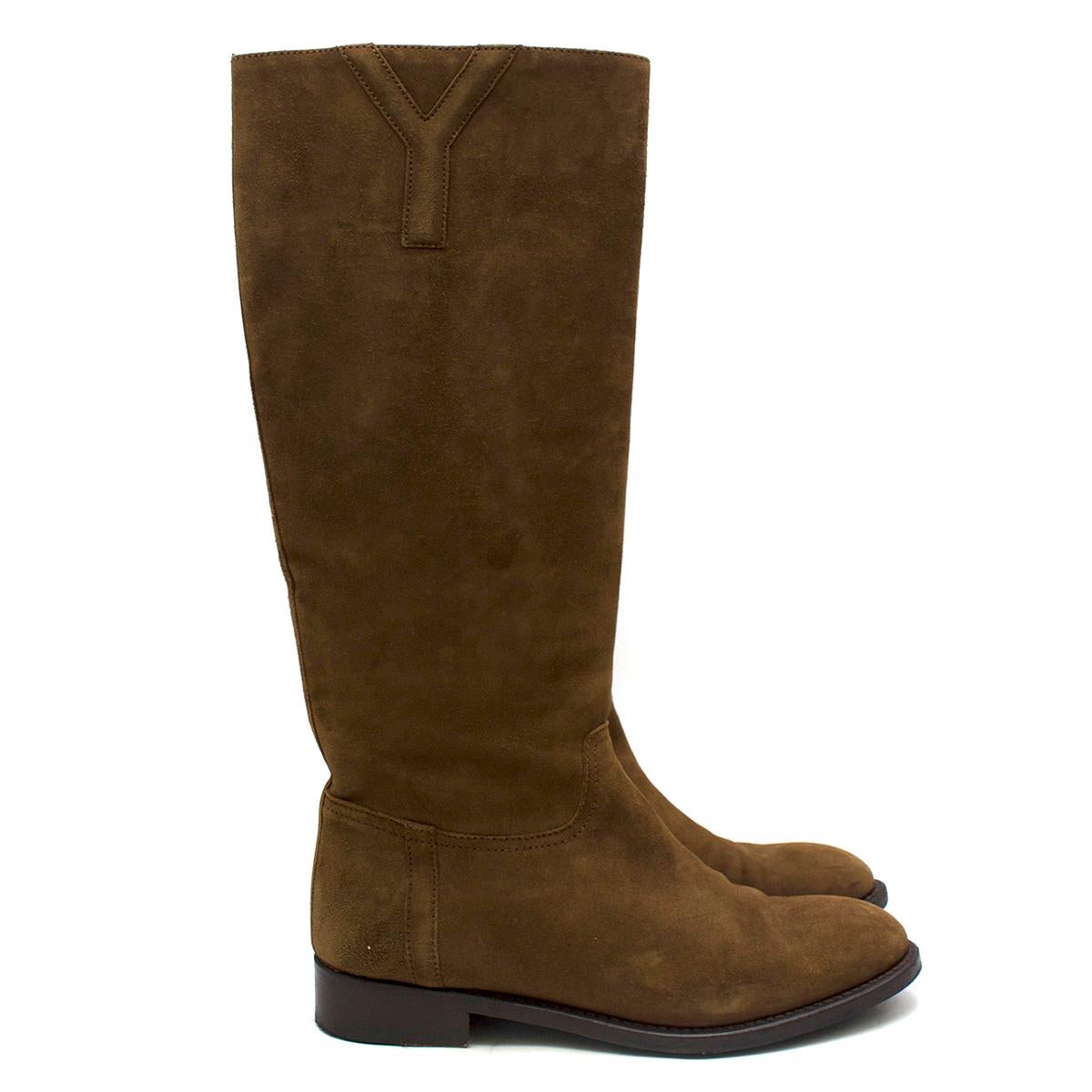 Yves Saint Laurent Brown Suede Tall Boots

- Knee high boots
- Brown suede
- almond toe
- Y stitching to the outer-corners 
This item comes with the alternative dust bag.

Please note, these items are pre-owned and may show some signs of storage,