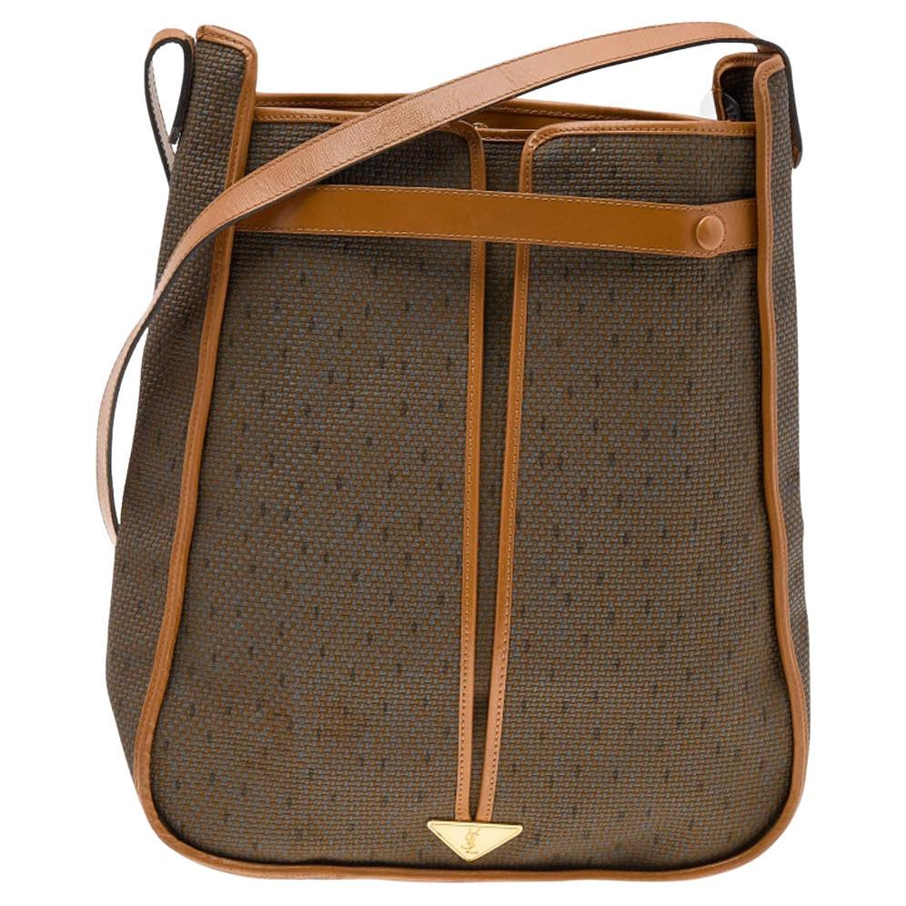 Yves Saint Laurent Brown/Tan Coated Canvas And Leather Vintage Shoulder Bag For Sale