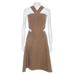 Yves Saint Laurent Brown Textured Cotton Cut Out Detail Flared Dress M