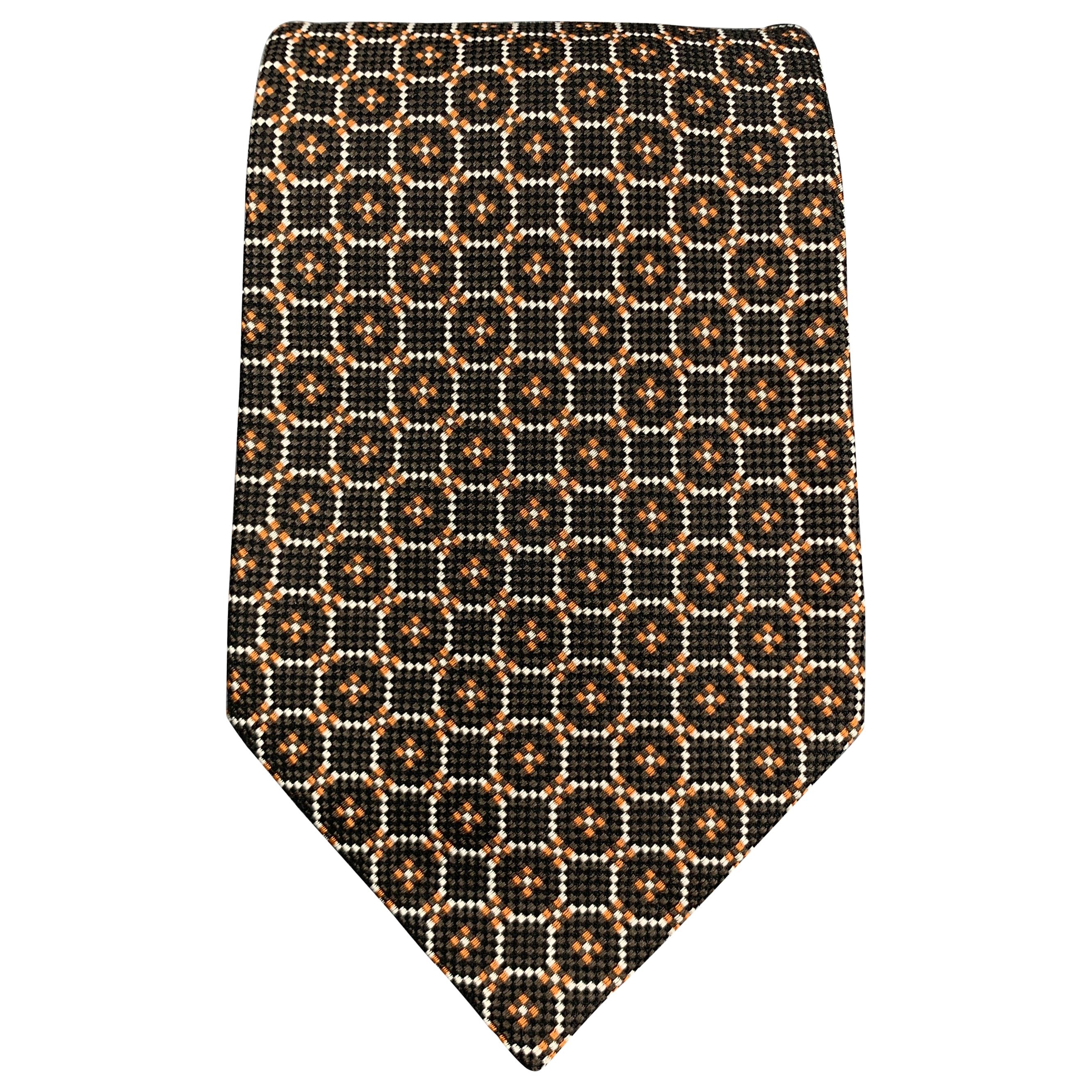 YVES SAINT LAURENT Brown Woven Circle Pattern Silk Tie