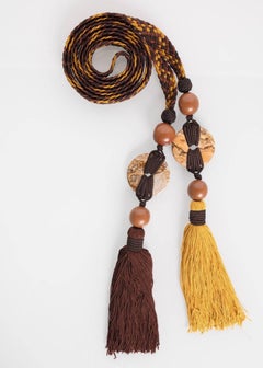 Yves Saint Laurent Brown Yellow Braided Tassel Belt Wood Agate Beads YSL Vintage