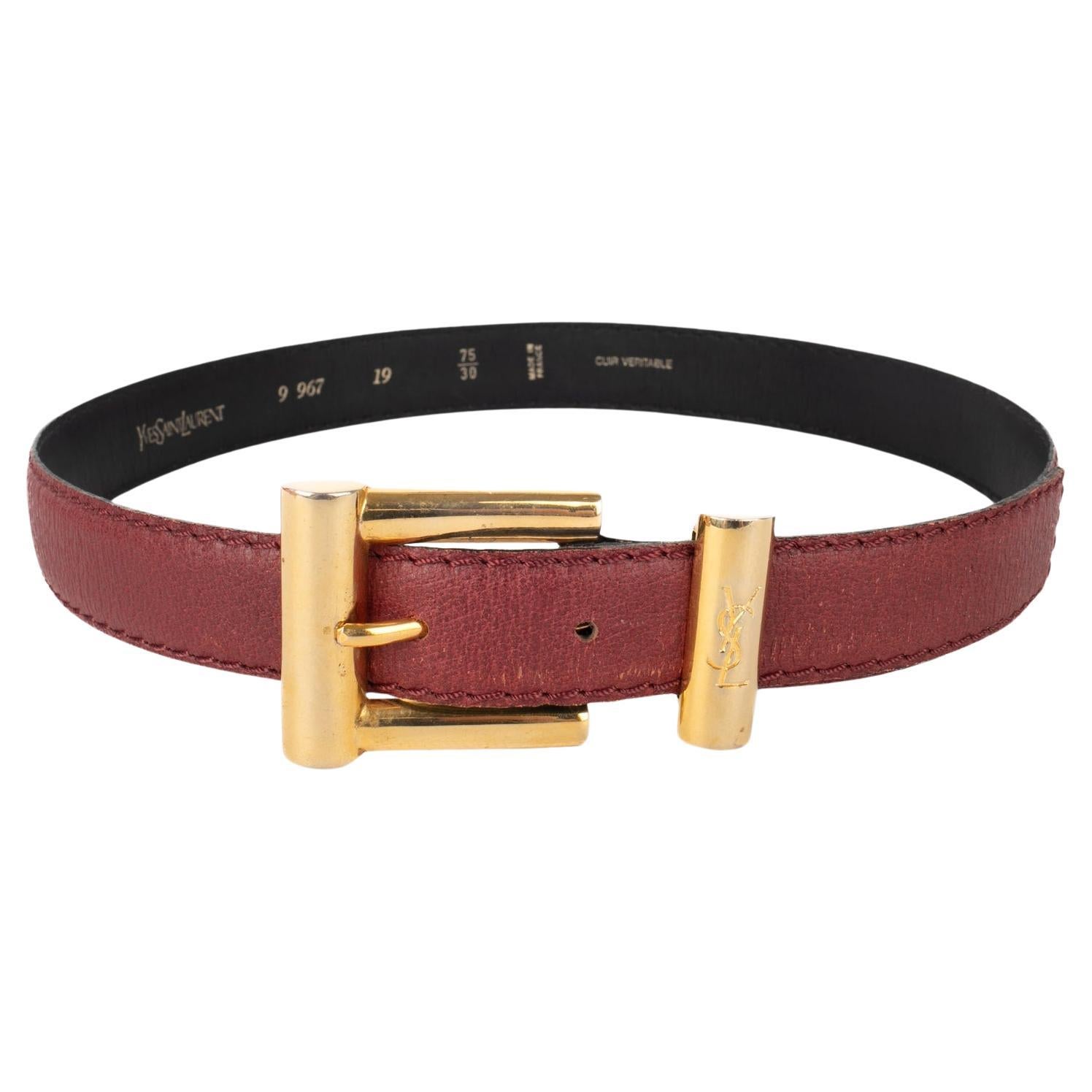 Yves Saint Laurent Burgundy Leather Belt with Golden Metal For Sale