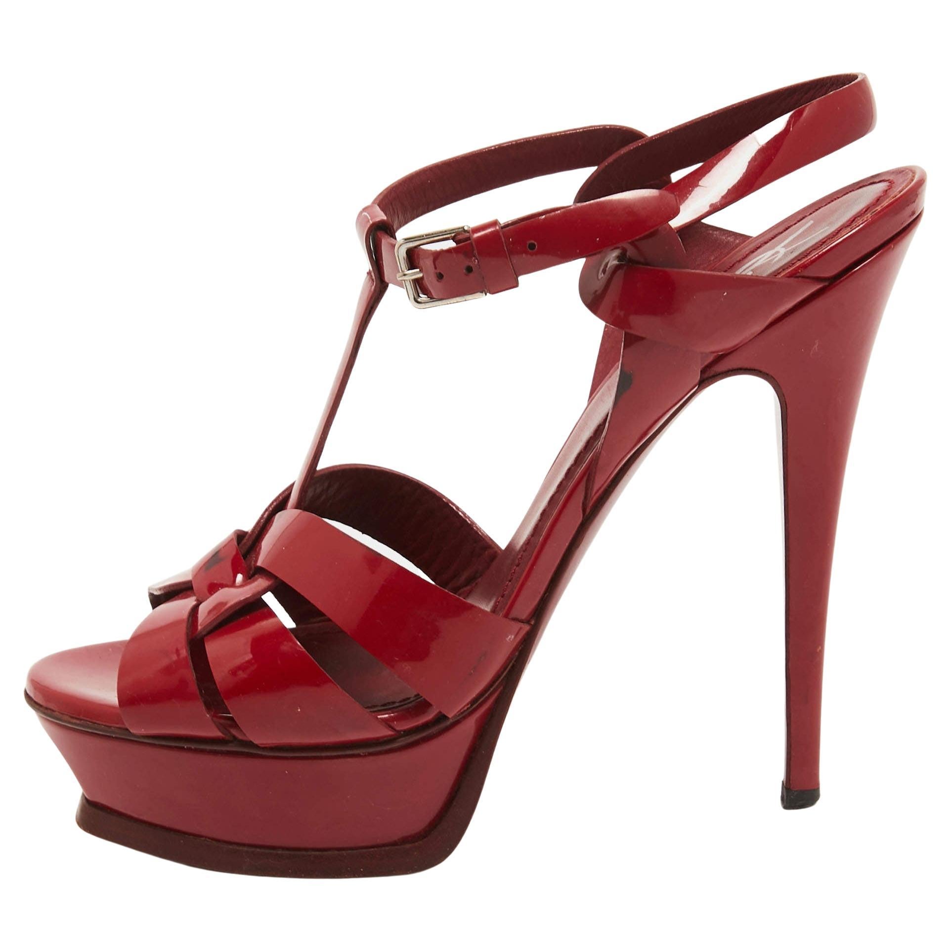 Yves Saint Laurent Burgundy Patent Leather Tribute Sandals Size 38.5 For Sale