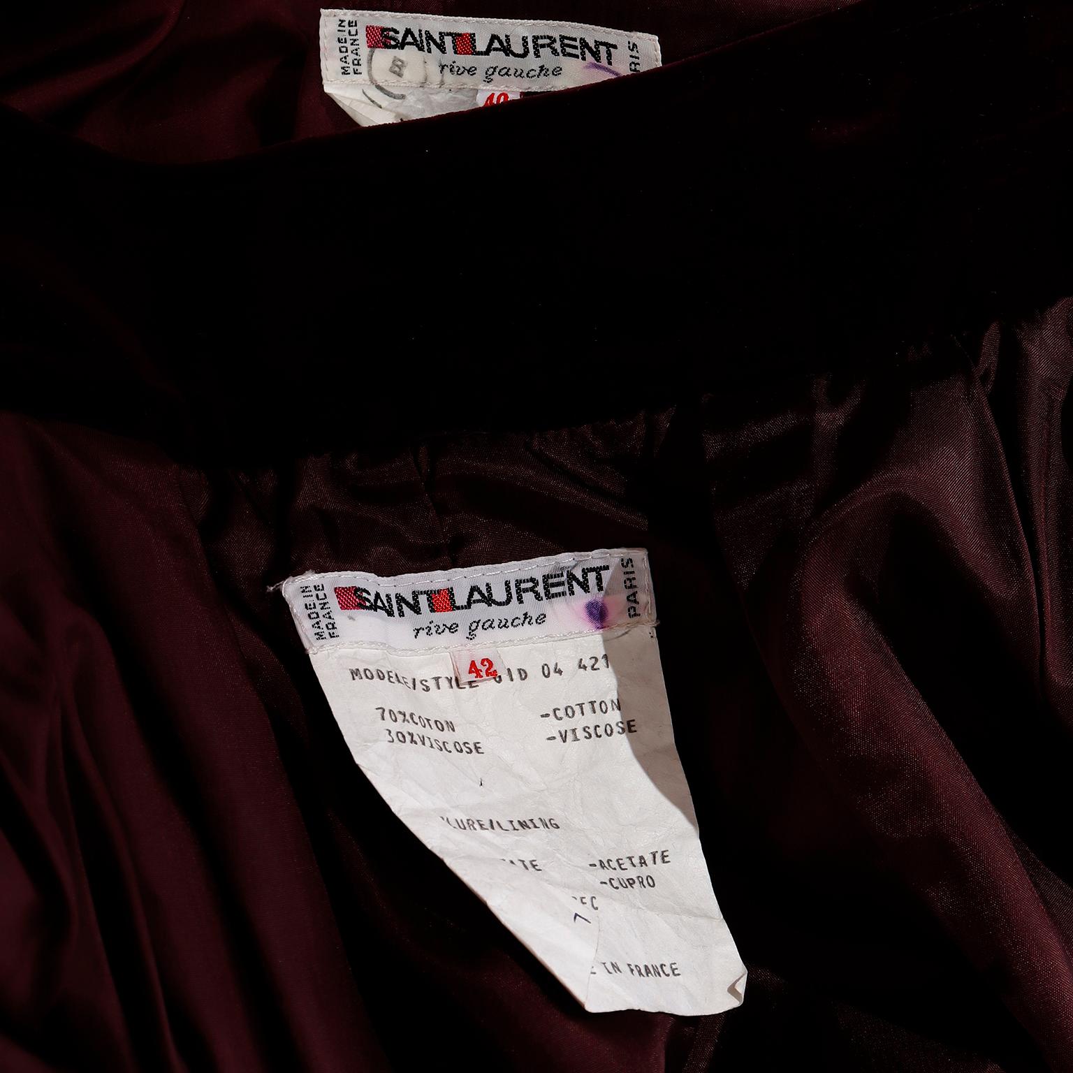 Yves Saint Laurent Burgundy Velvet Jacket & Skirt 2 Piece Suit  For Sale 6