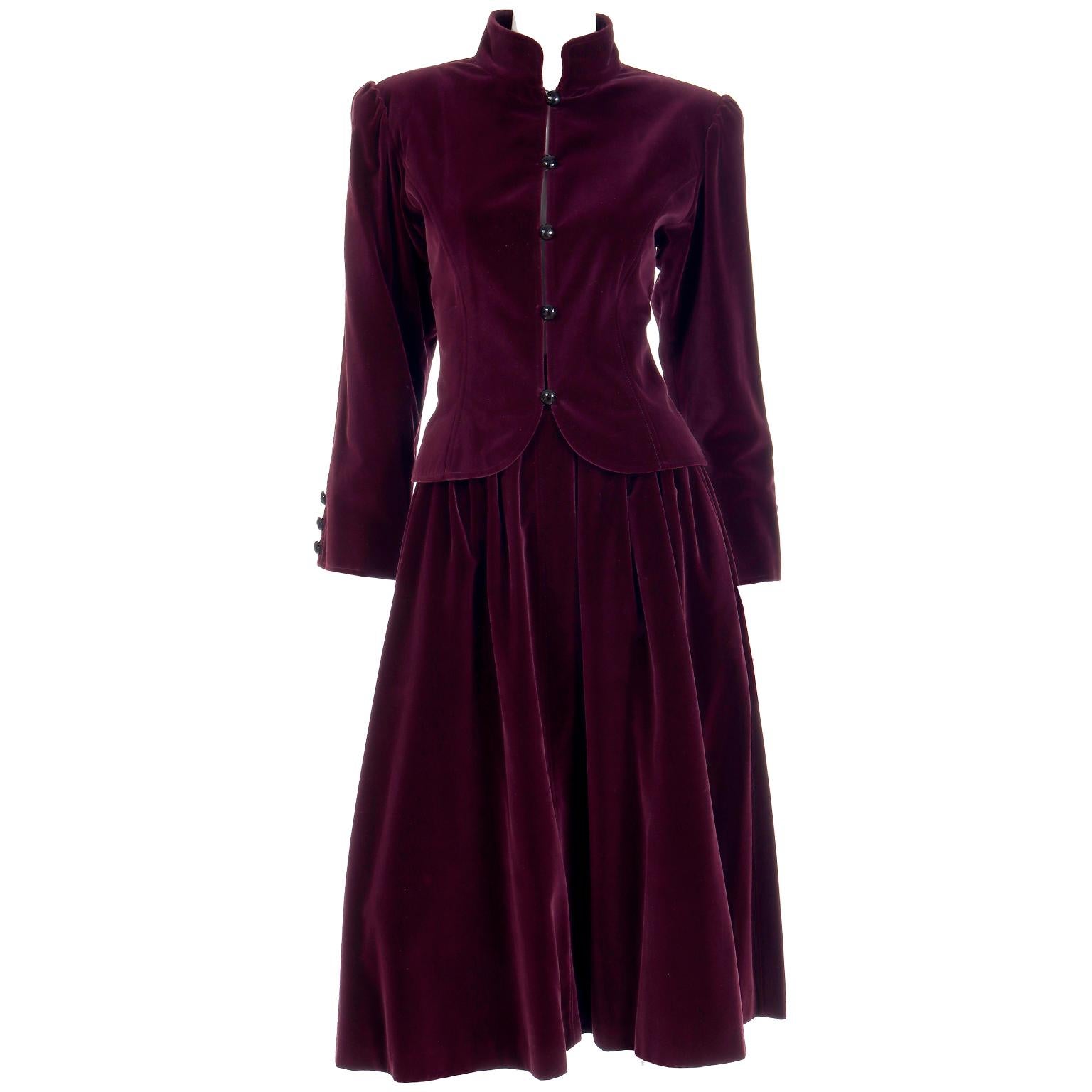 Yves Saint Laurent Burgundy Velvet Jacket & Skirt 2 Piece Suit  For Sale 7