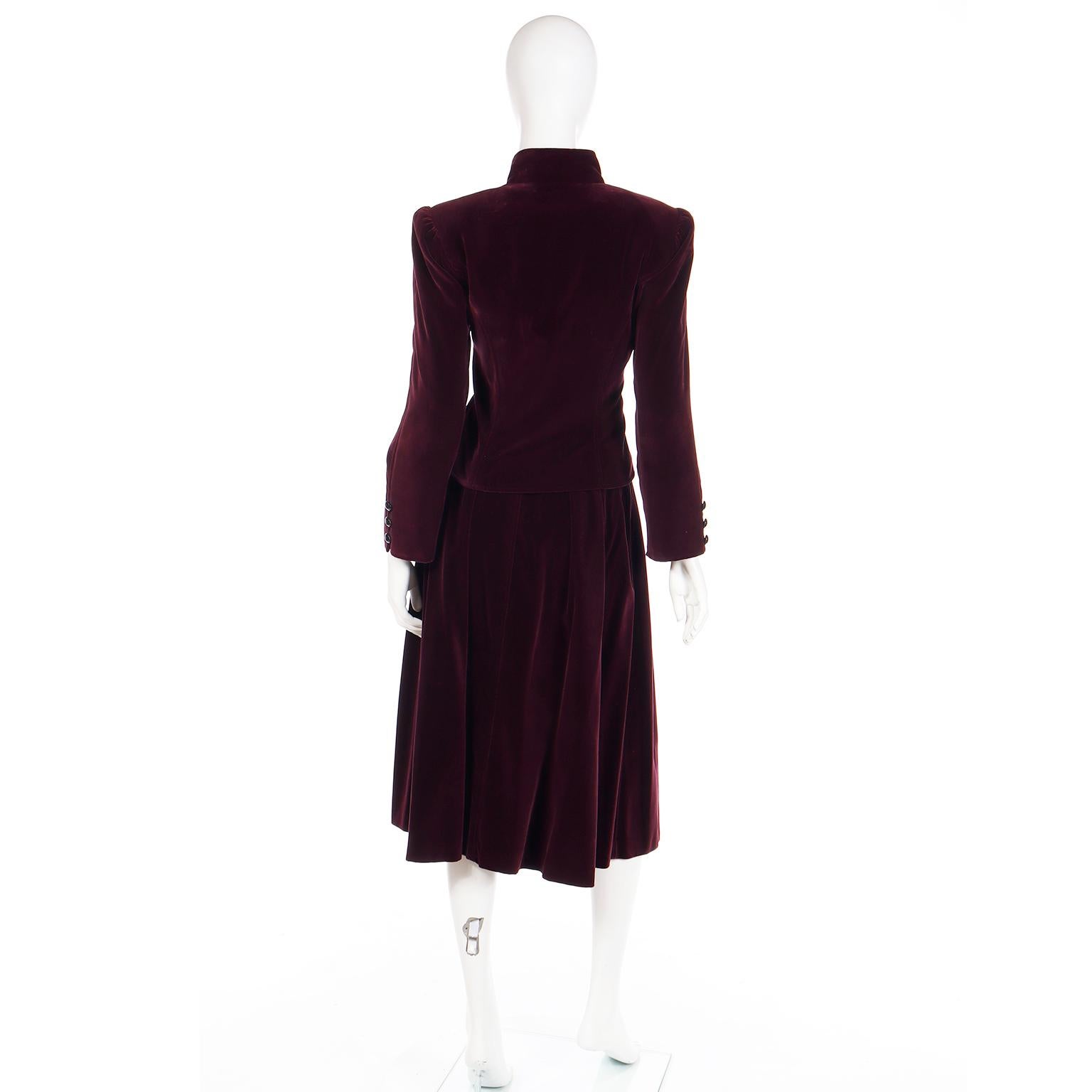 Yves Saint Laurent Burgundy Velvet Jacket & Skirt 2 Piece Suit  In Excellent Condition For Sale In Portland, OR