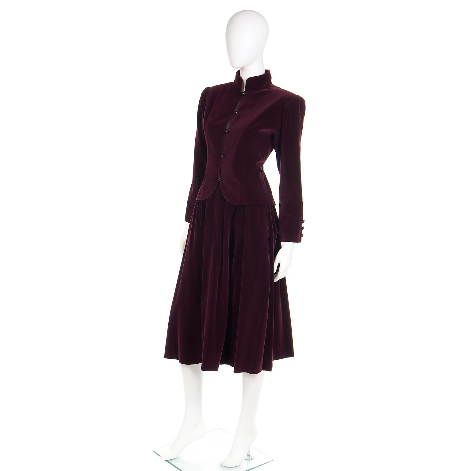 Women's Yves Saint Laurent Burgundy Velvet Jacket & Skirt 2 Piece Suit  For Sale