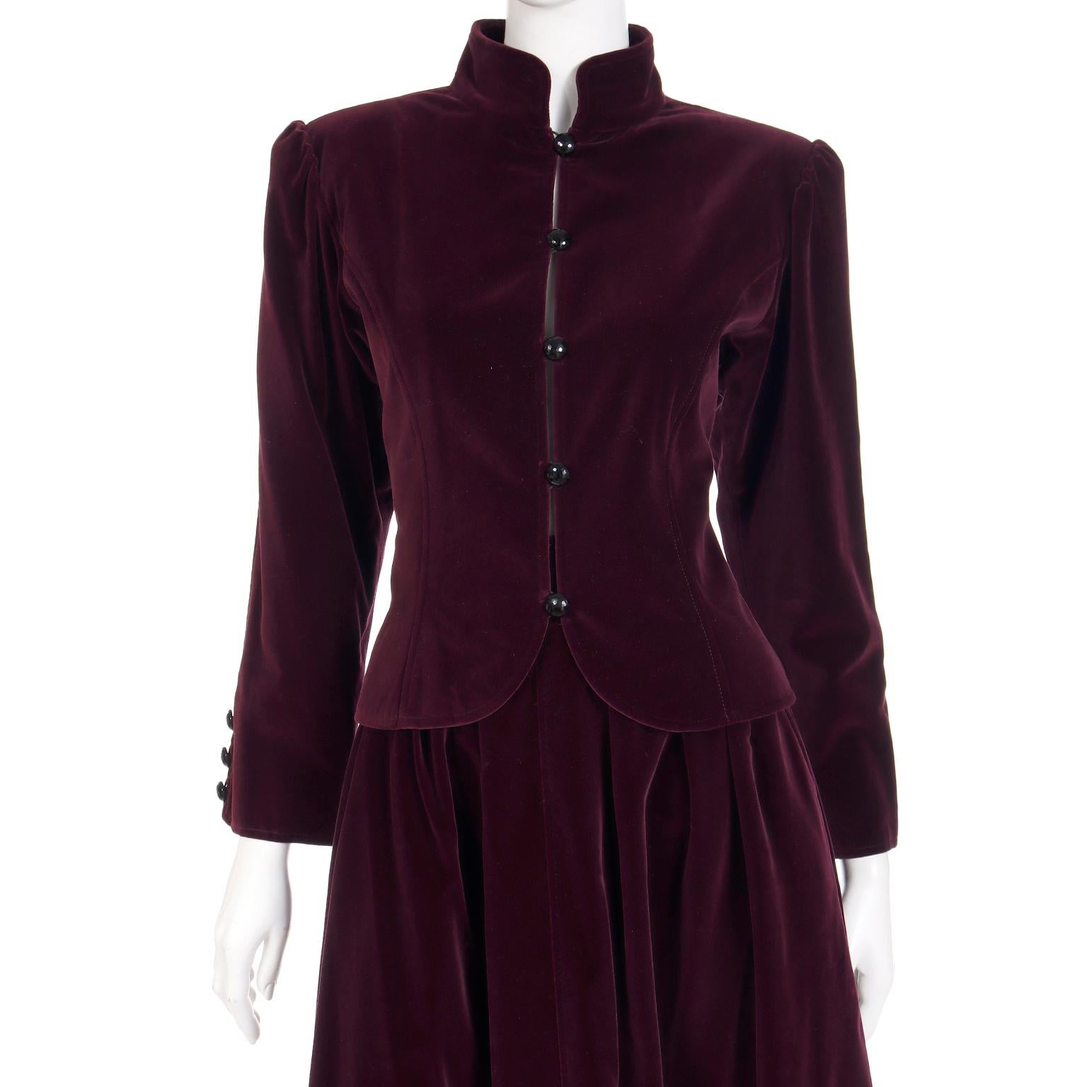 Yves Saint Laurent Burgundy Velvet Jacket & Skirt 2 Piece Suit  For Sale 1