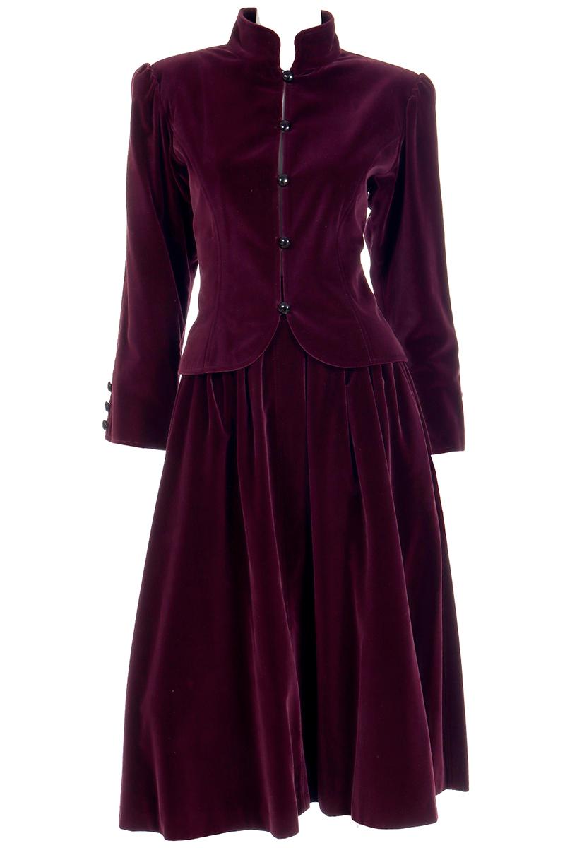 Yves Saint Laurent Burgundy Velvet Jacket & Skirt 2 Piece Suit  For Sale 2