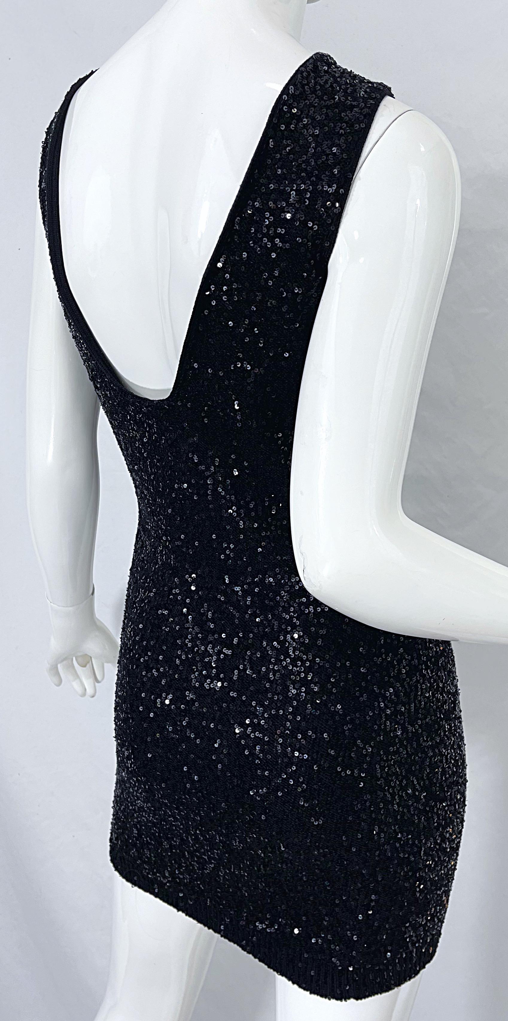 Yves Saint Laurent 2008 Black Sequin Plunging Back YSL Mini Dress In Excellent Condition In San Diego, CA