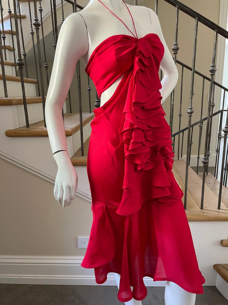 Yves Saint Laurent by Tom Ford 2003 Burgundy Silk Ruffle Midi Dress