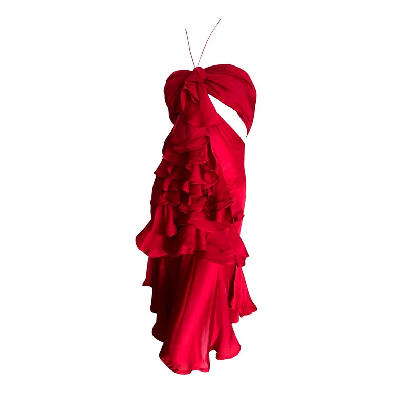 tom ford red ruched tulle dress Yves Saint Laurent by Tom Ford 2003 Ruffled Red Silk Dress at 1stDibs