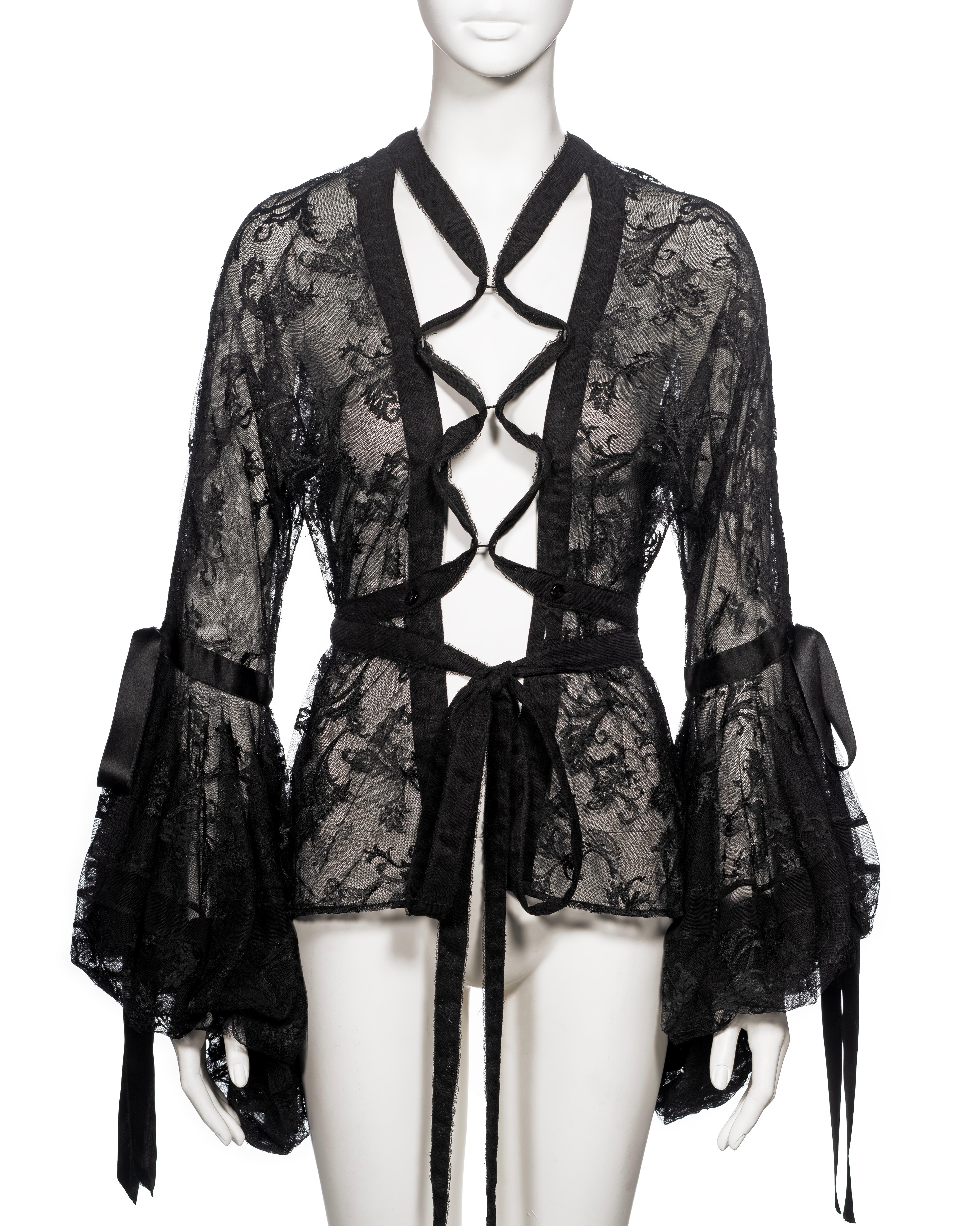 Yves Saint Laurent by Tom Ford Black Lace and Silk Ribbon Blouse, FW 2002 In Good Condition For Sale In London, GB