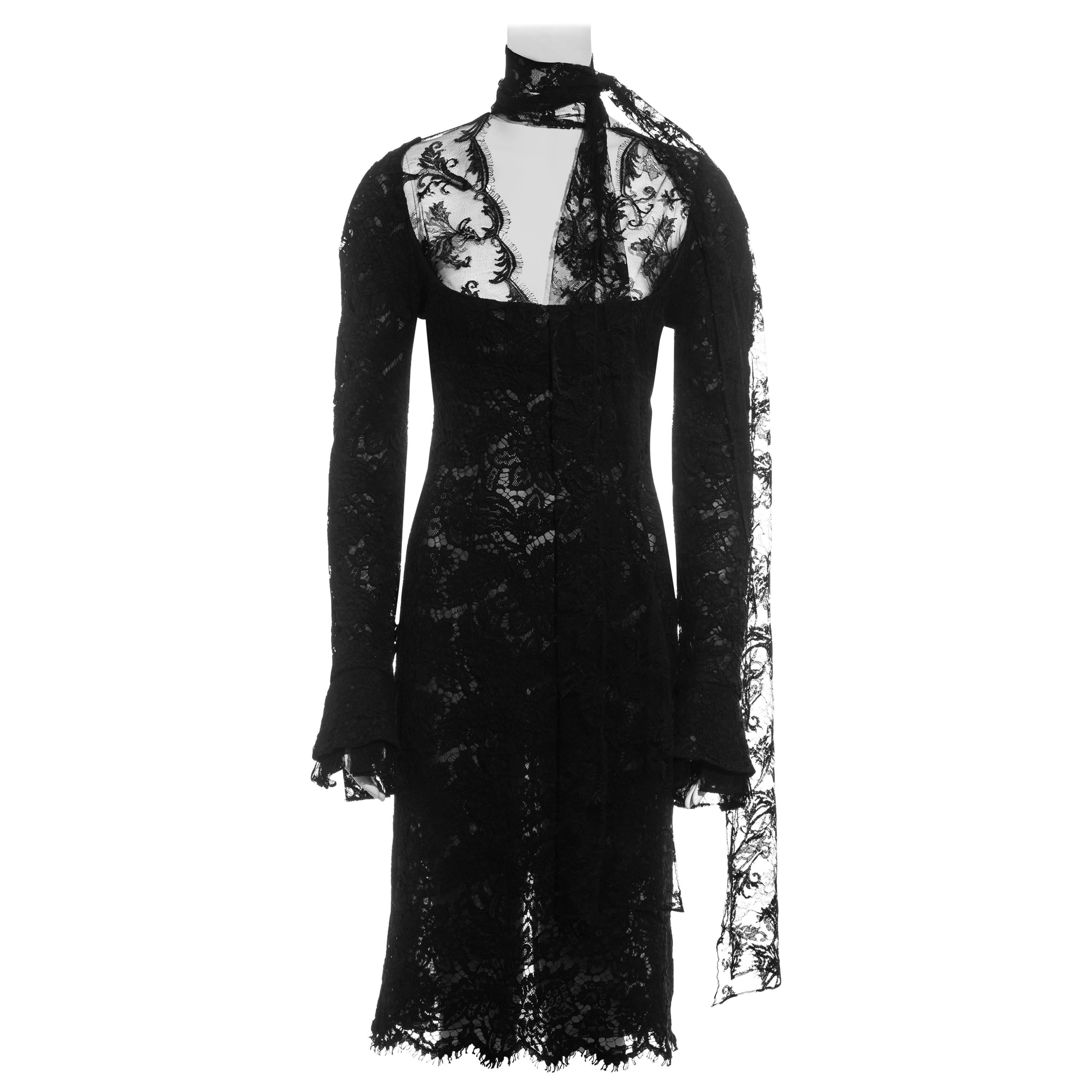 Yves Saint Laurent by Tom Ford black lace long-sleeve evening dress, fw 2002 For Sale