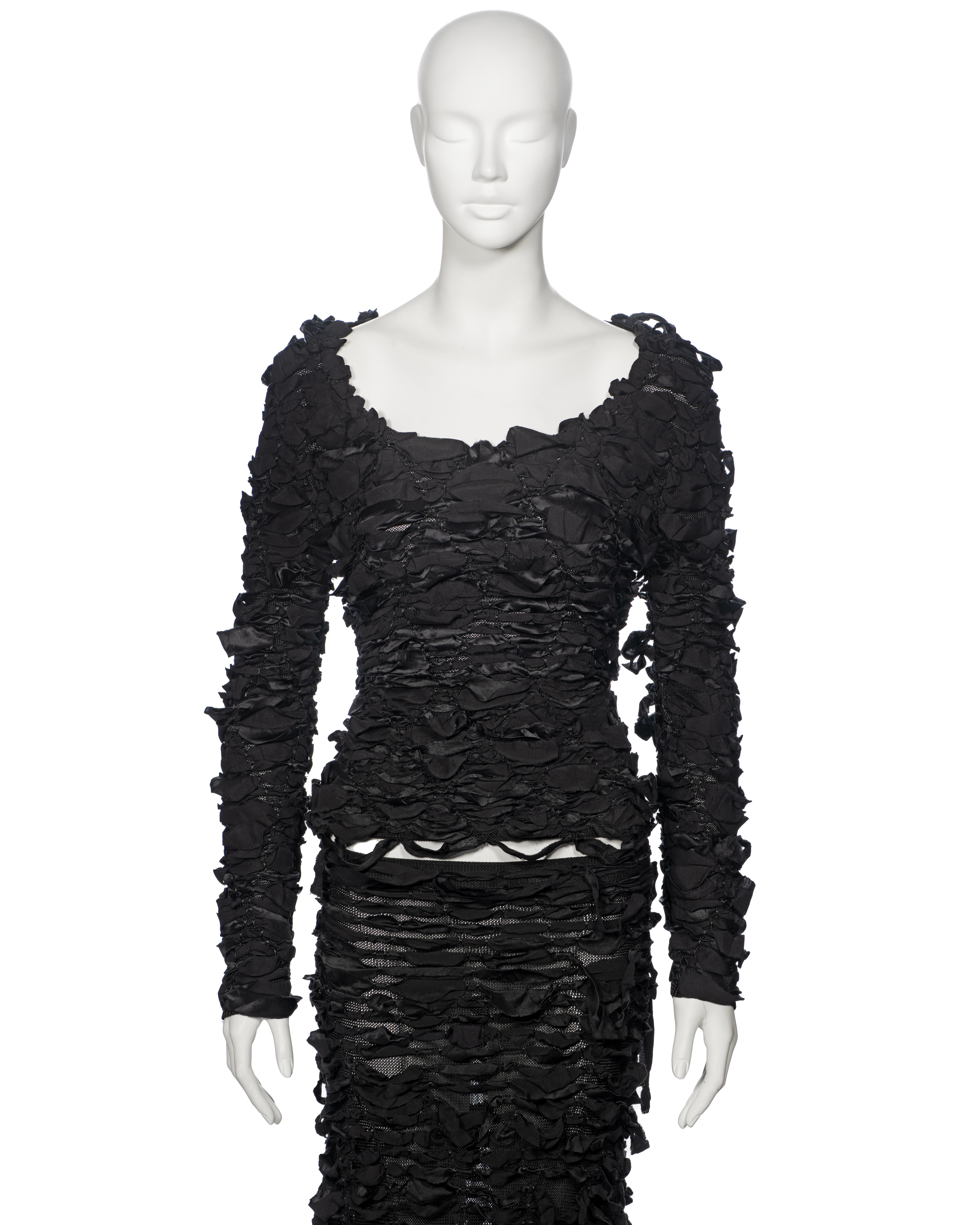 Yves Saint Laurent by Tom Ford black shredded silk ribbon top and skirt, fw 2001 In Good Condition For Sale In London, GB