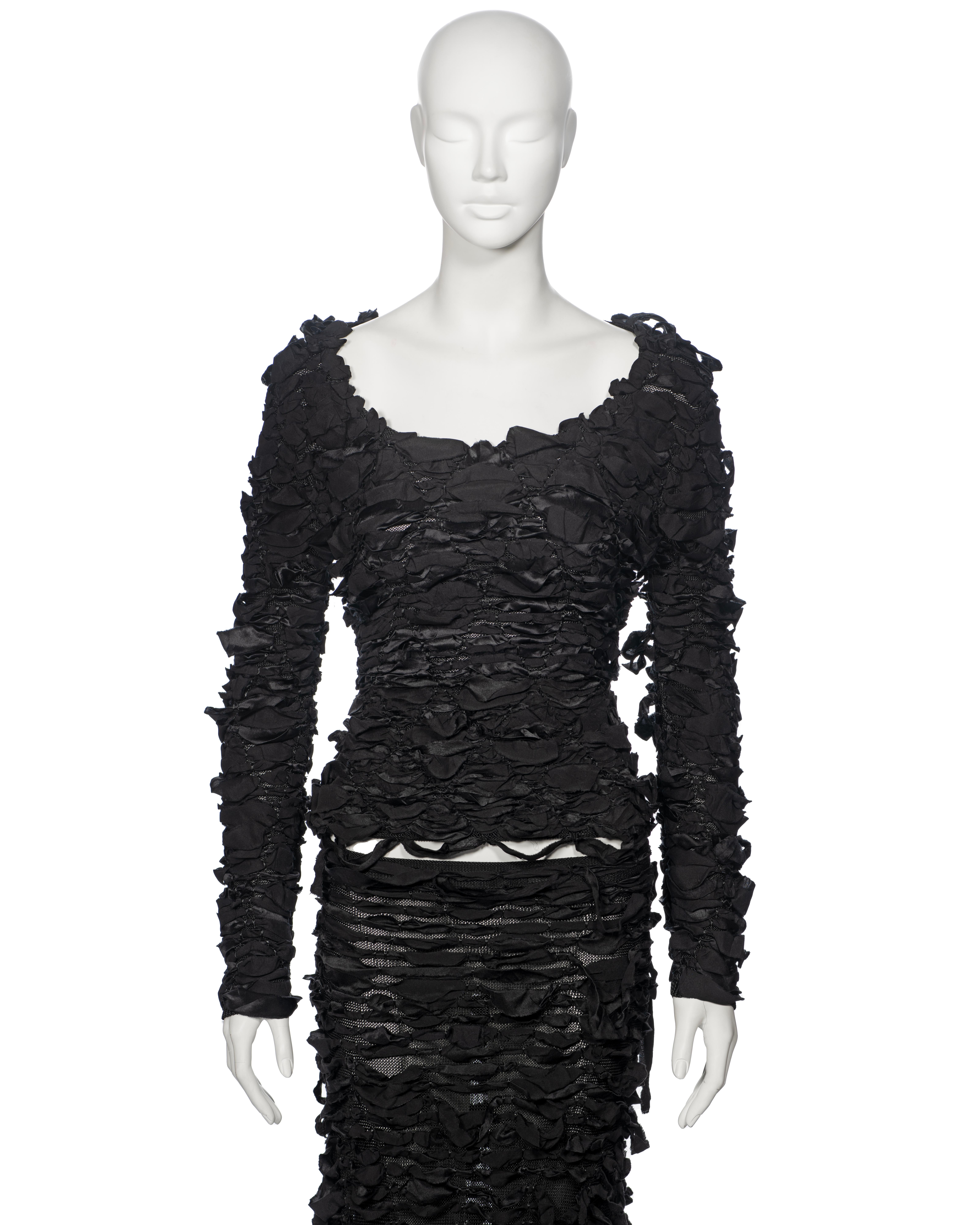 Black Yves Saint Laurent by Tom Ford black shredded silk ribbon top and skirt, fw 2001 For Sale