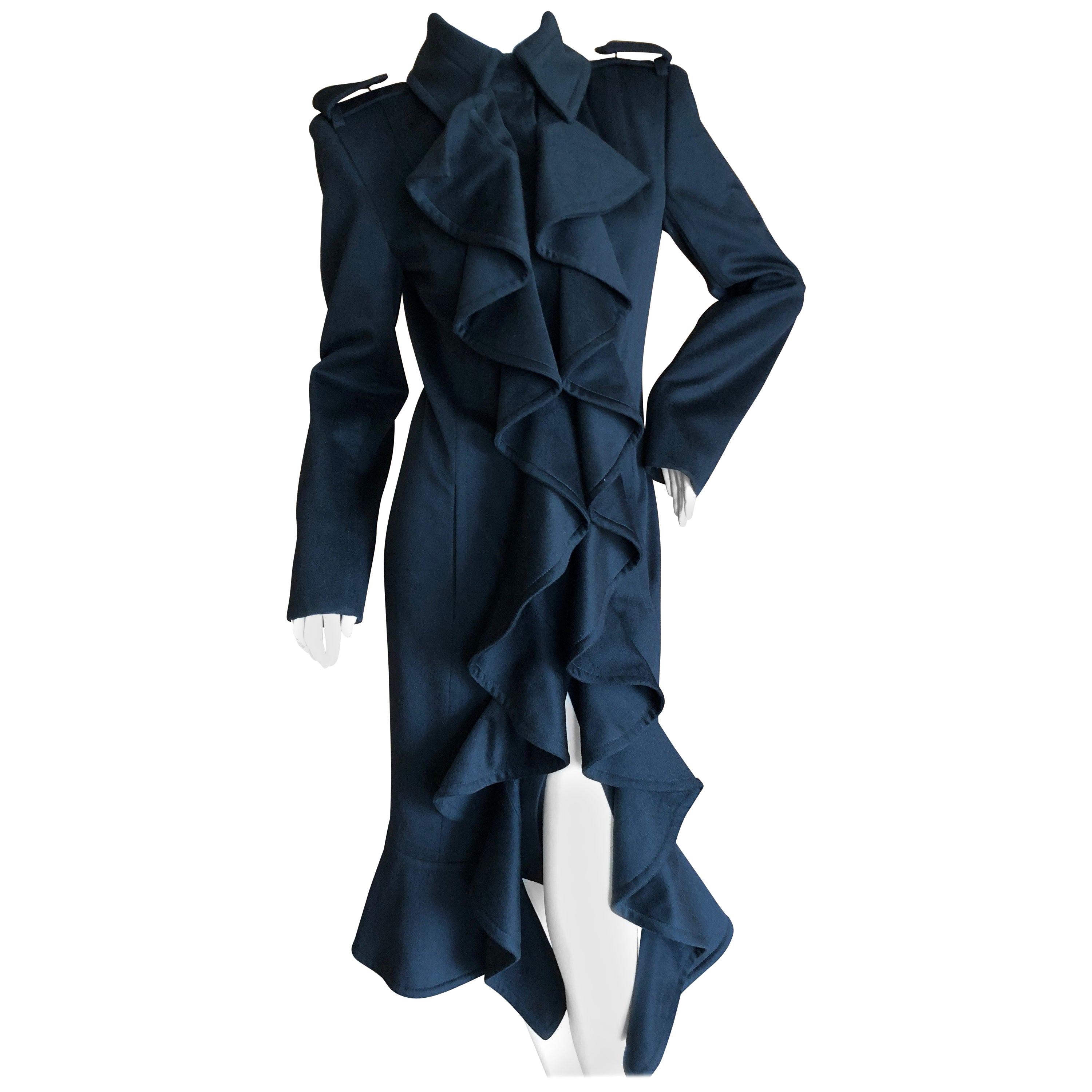 Yves Saint Laurent by Tom Ford Black Wool Ruffle Front Coat from Fall 2004 For Sale