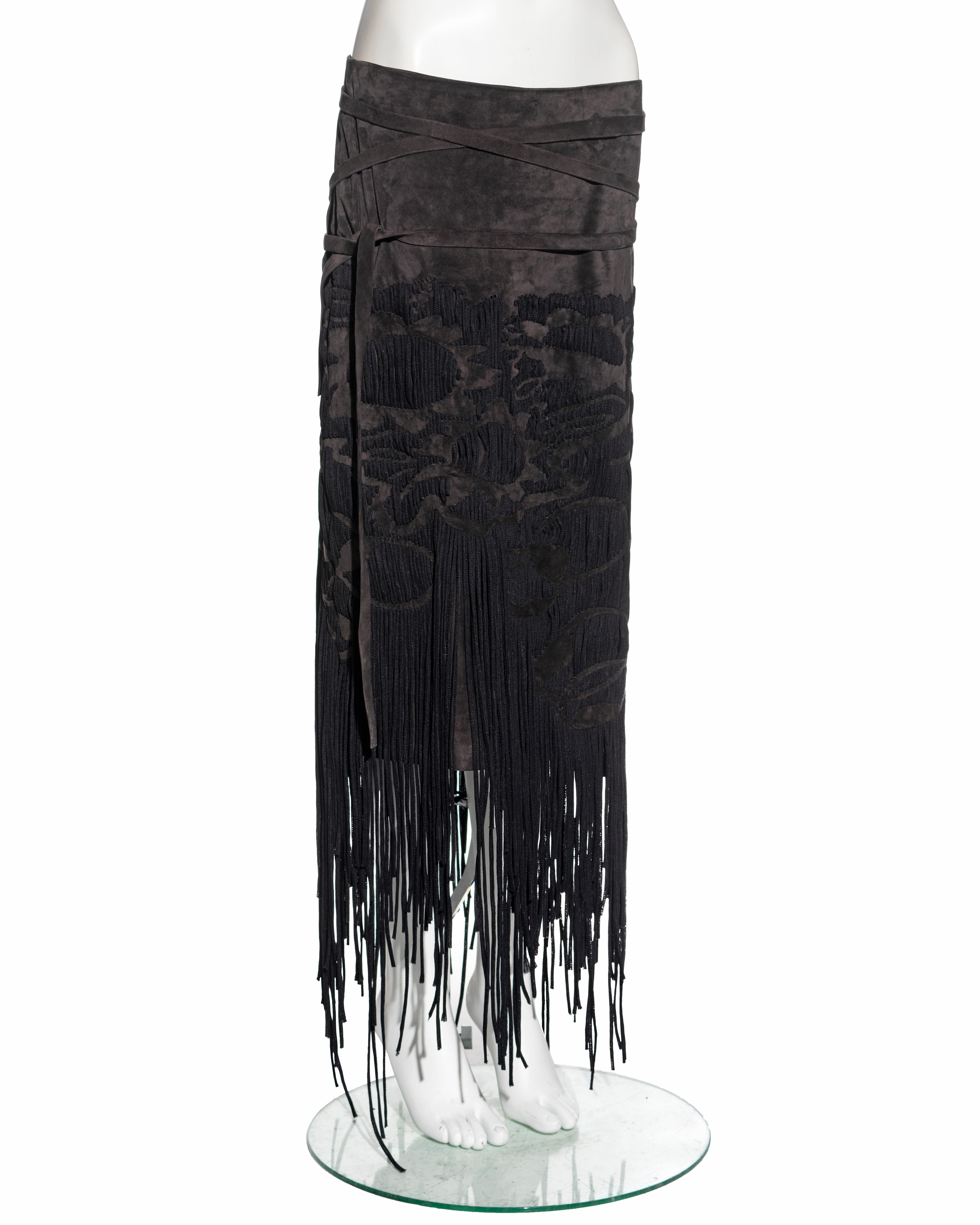 Women's Yves Saint Laurent by Tom Ford brown leather woven fringed skirt, fw 2001 For Sale