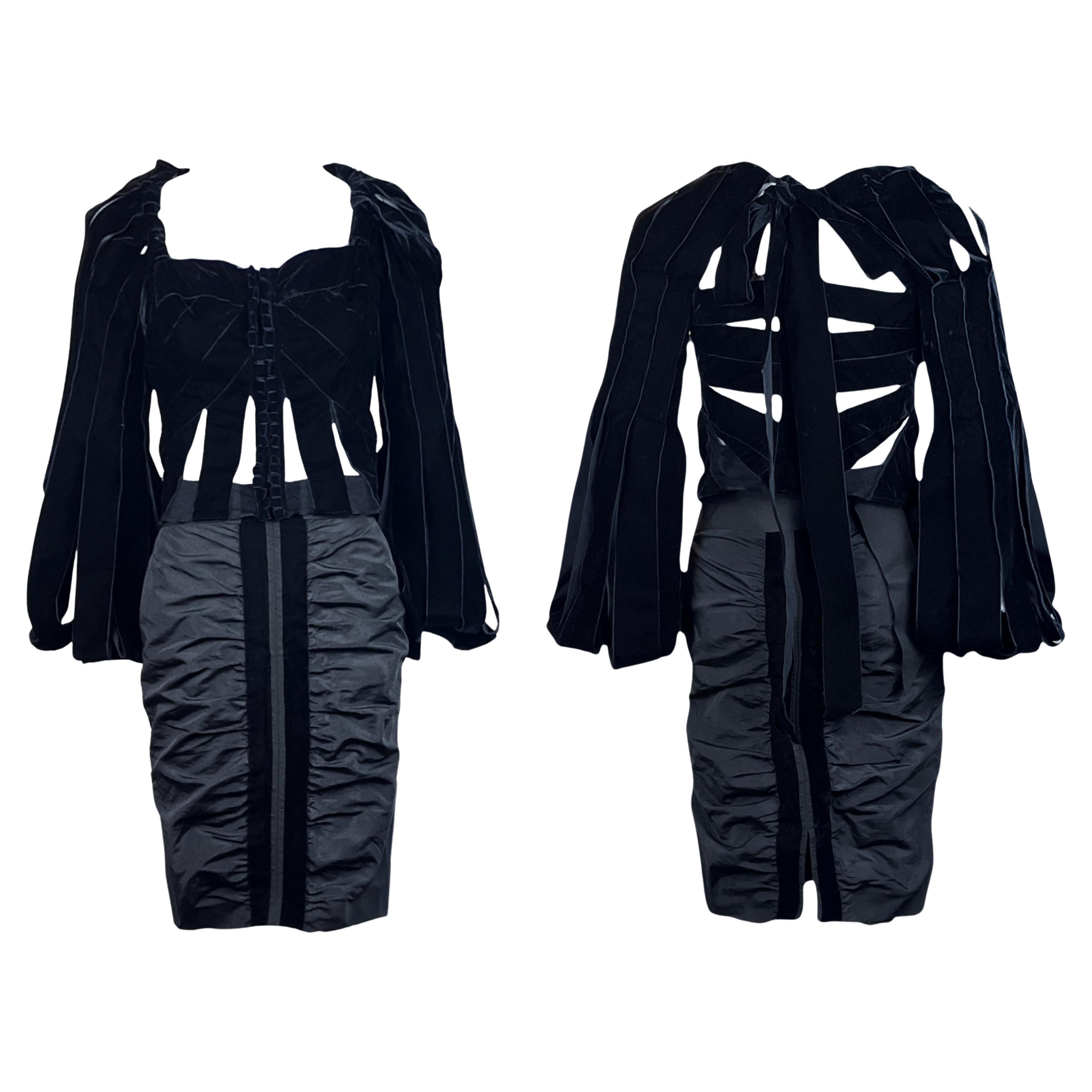 YVES SAINT LAURENT By Tom Ford F/w 2002 Black Velvet Ribbon Sleeve Skirt Set