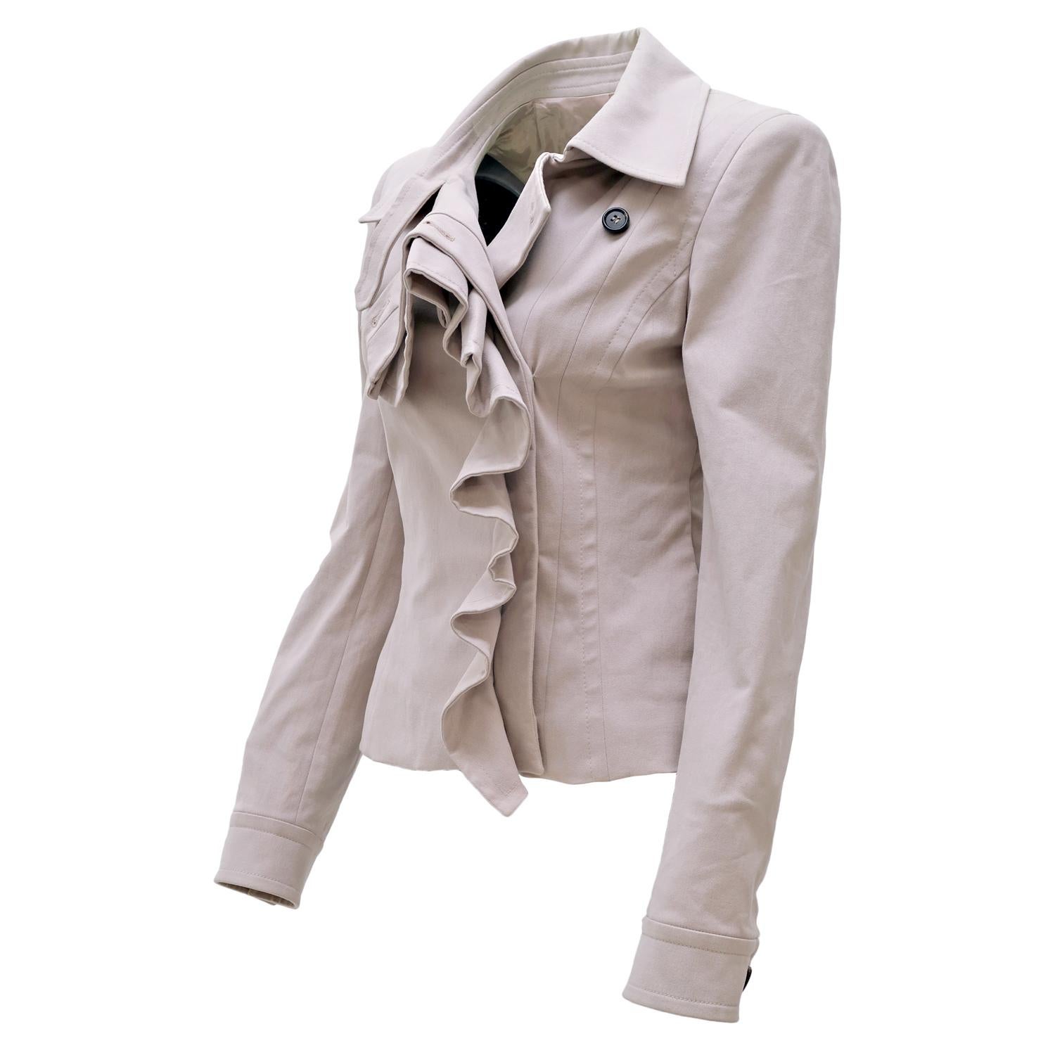 Gray Yves Saint Laurent by Tom Ford FW-03 Cotton High Neck Blazer - Ruffle Detailing