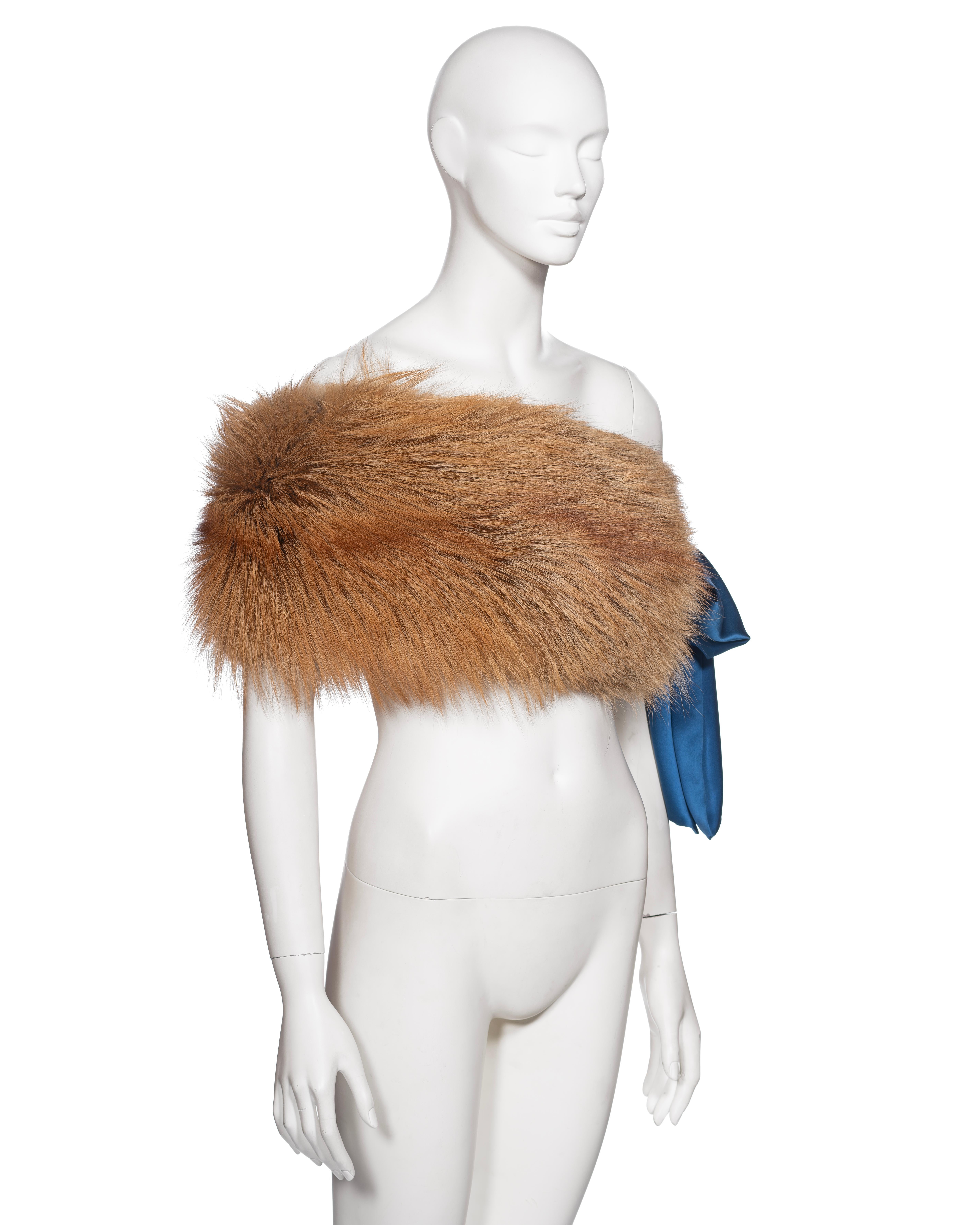 Yves Saint Laurent by Tom Ford Golden Fox Fur and Blue Silk Stole, FW 2003 For Sale 6