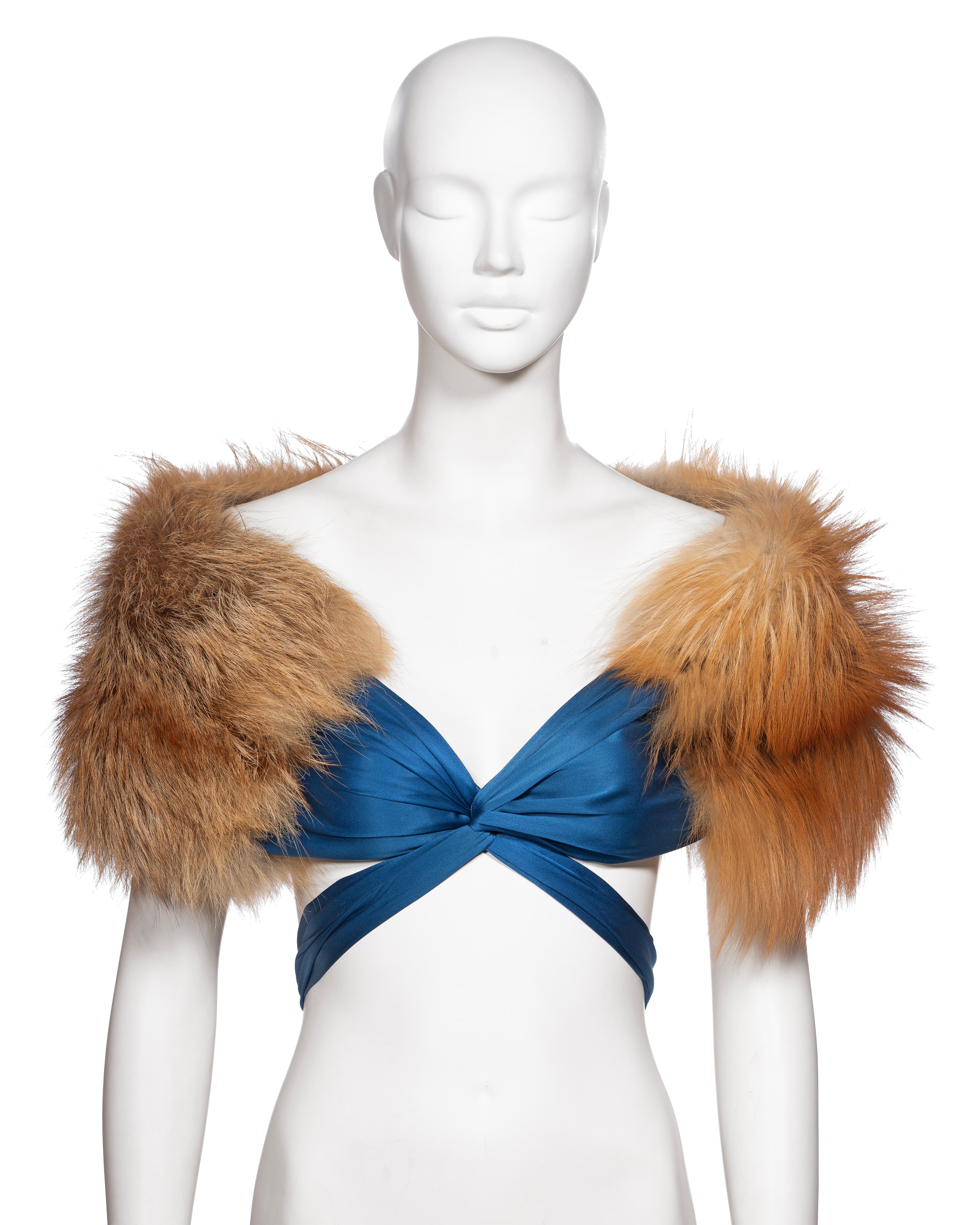 Yves Saint Laurent by Tom Ford Golden Fox Fur and Blue Silk Stole, FW 2003 For Sale 7