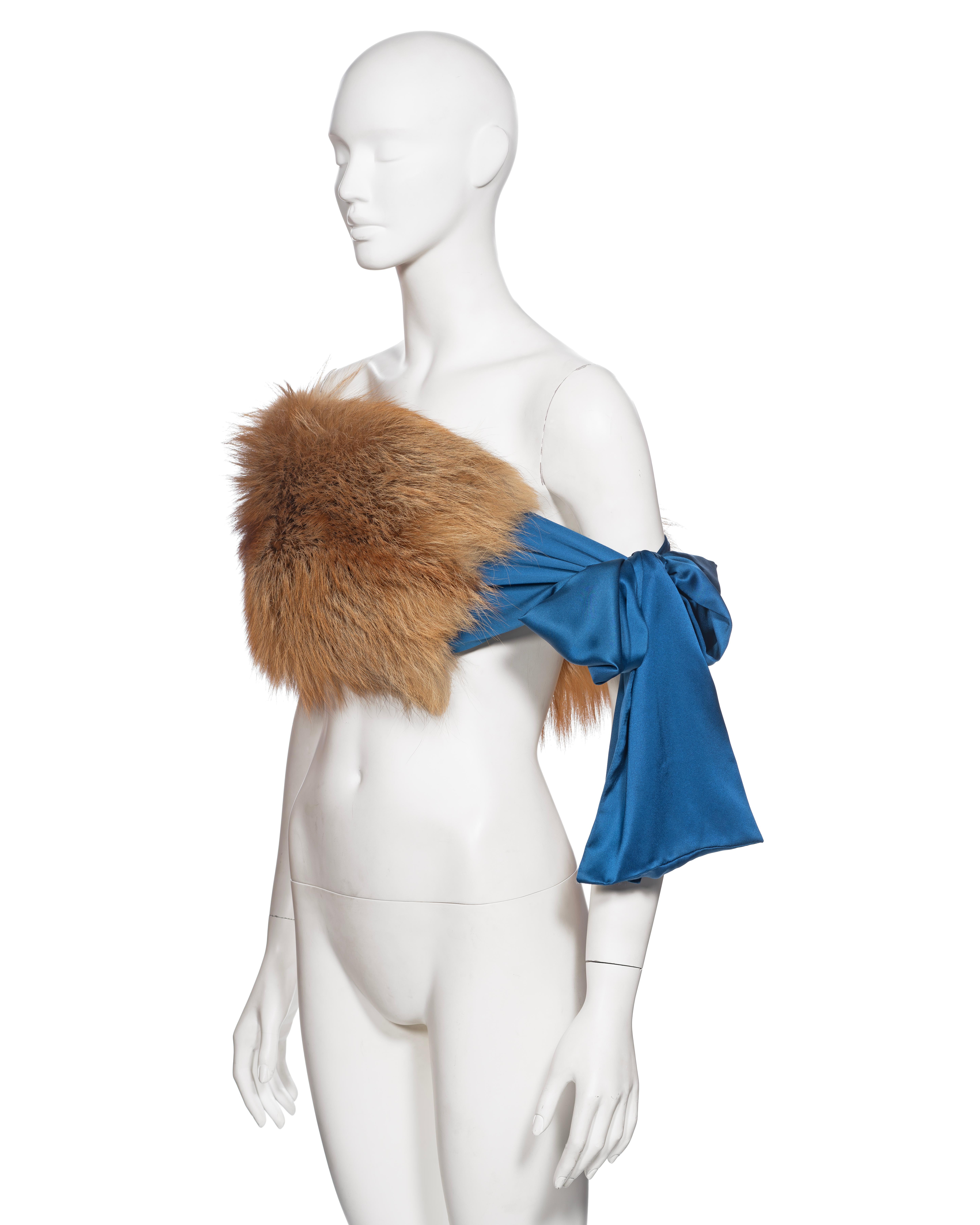 Women's Yves Saint Laurent by Tom Ford Golden Fox Fur and Blue Silk Stole, FW 2003 For Sale