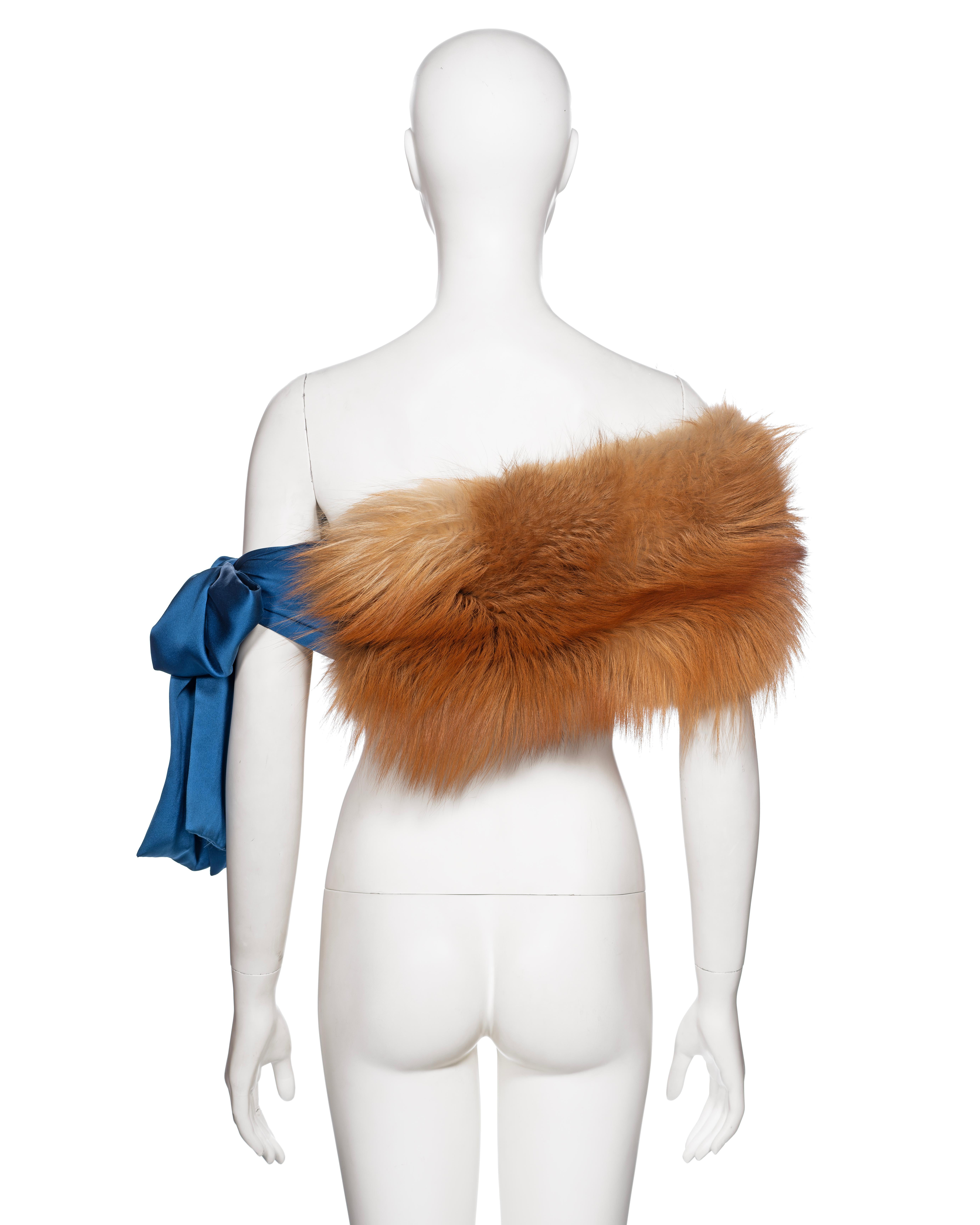 Yves Saint Laurent by Tom Ford Golden Fox Fur and Blue Silk Stole, FW 2003 For Sale 4