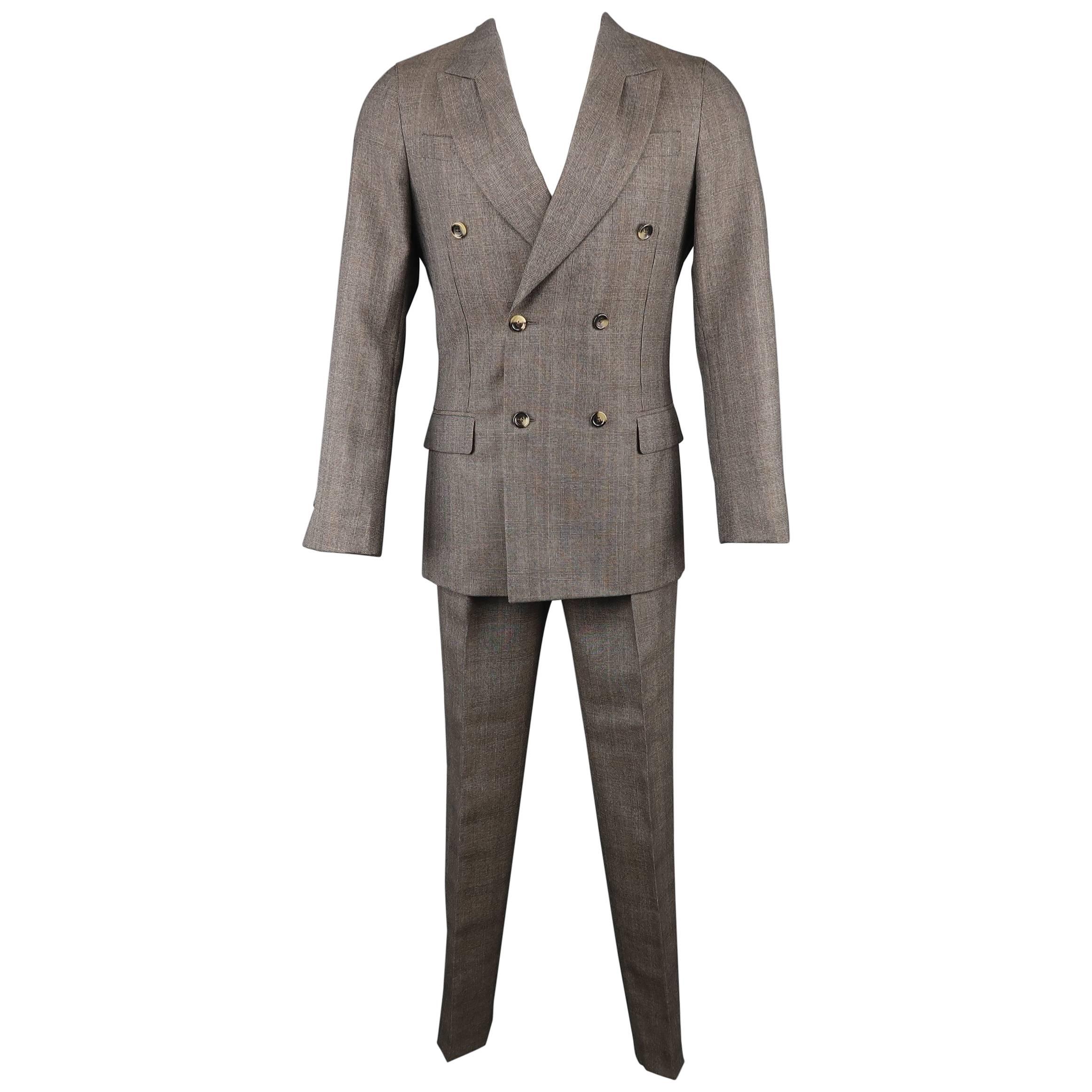 Yves Saint Laurent by Tom Ford Men
s Taupe Glenplaid Wool Peak Lapel Suit