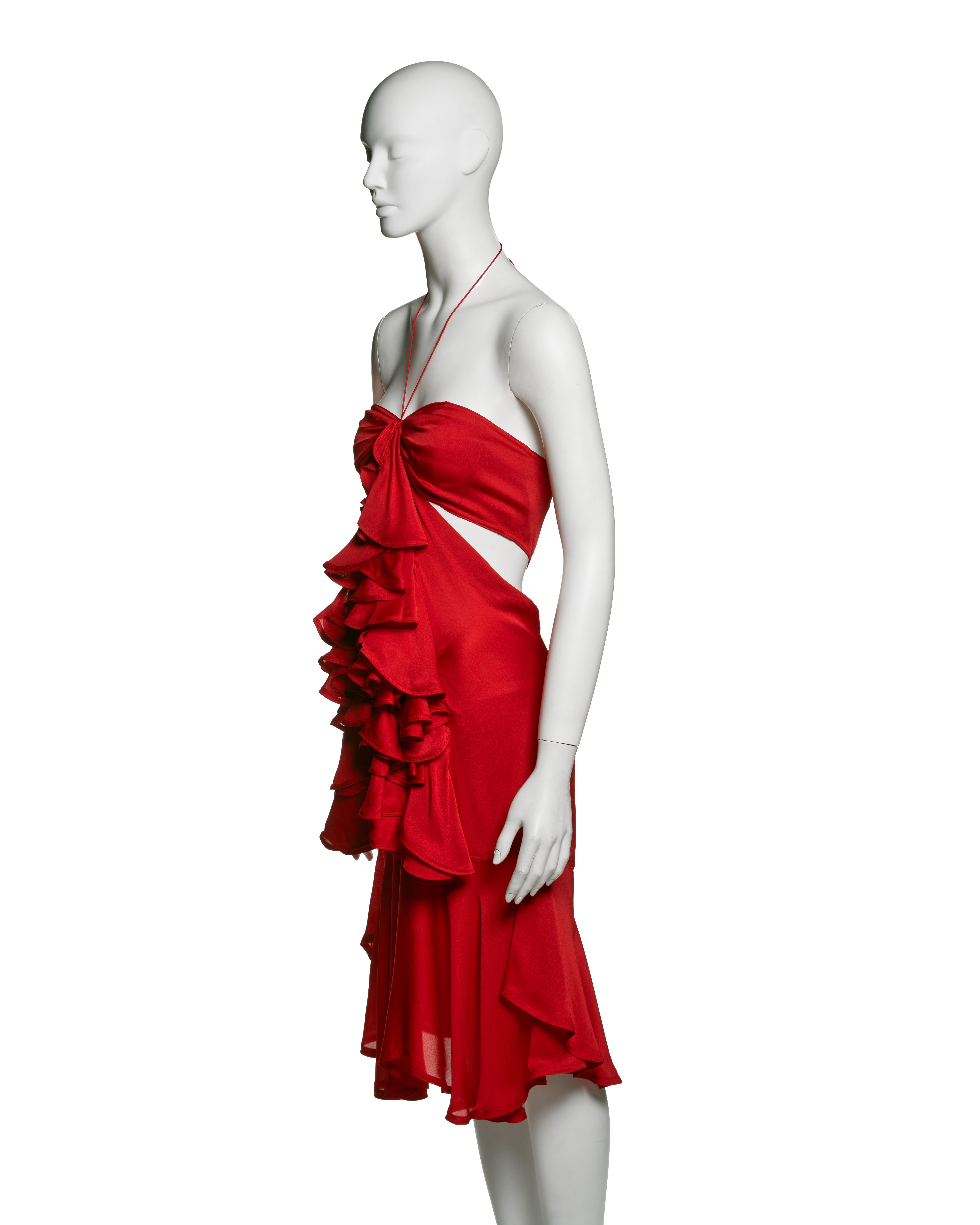 Yves Saint Laurent by Tom Ford Red Silk Halterneck Ruffle Dress, FW 2003 in vendita 5
