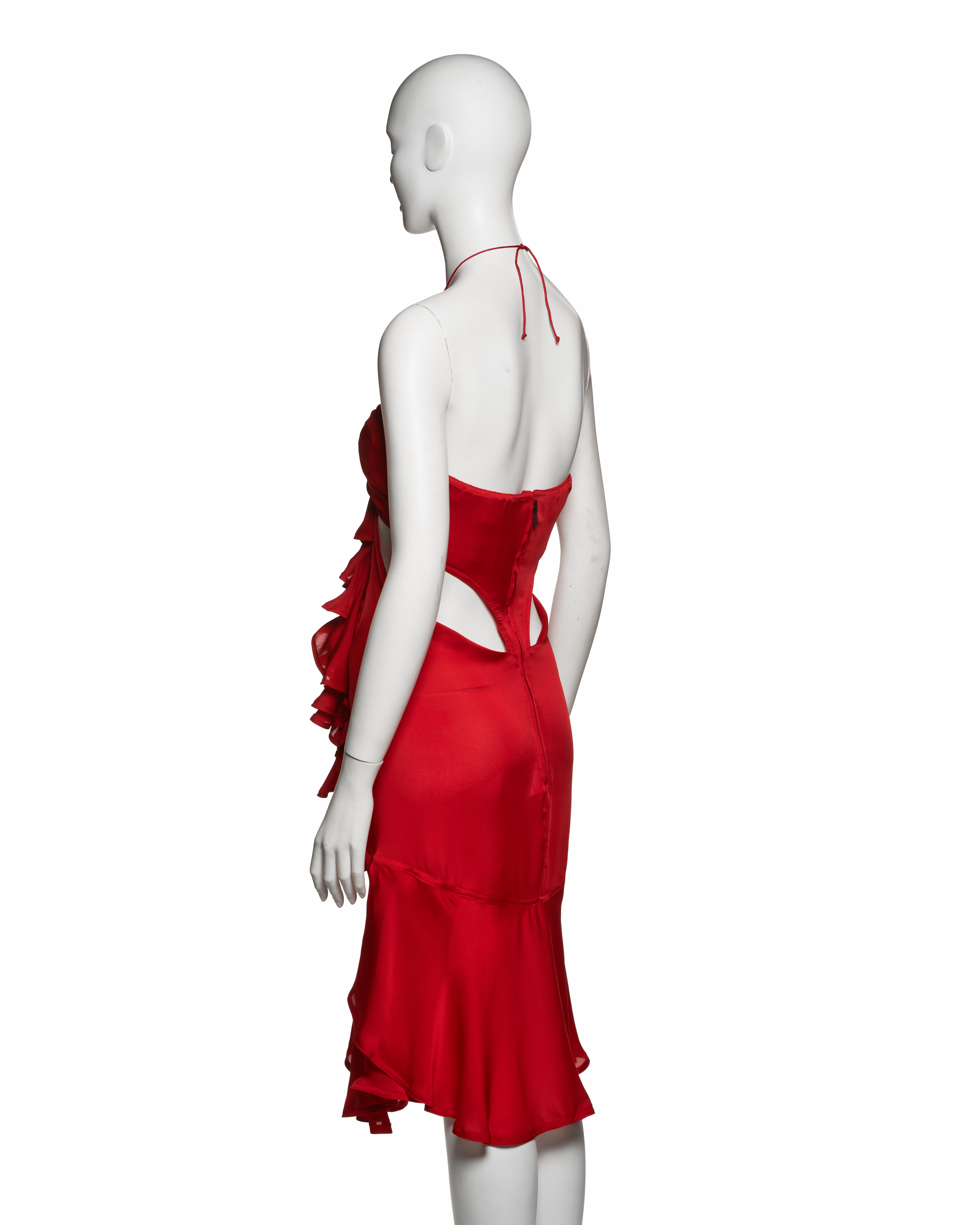 Yves Saint Laurent by Tom Ford Red Silk Halterneck Ruffle Dress, FW 2003 in vendita 4