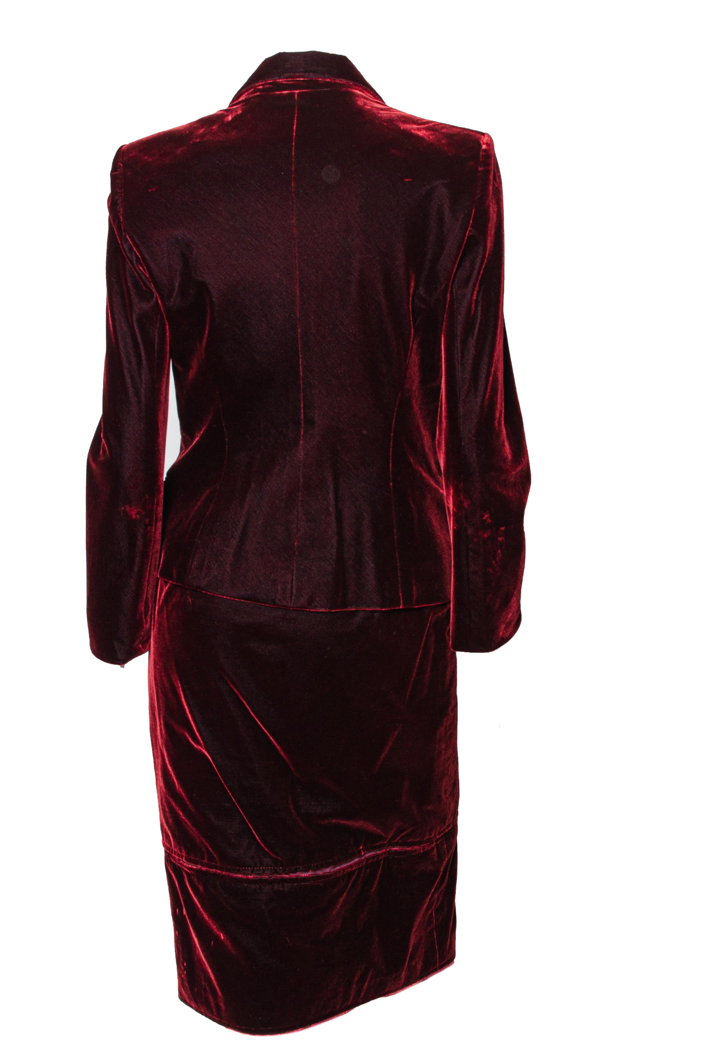 F/W 2002 Yves Saint Laurent by Tom Ford Red Velvet Skirt Suit In Good Condition For Sale In West Hollywood, CA