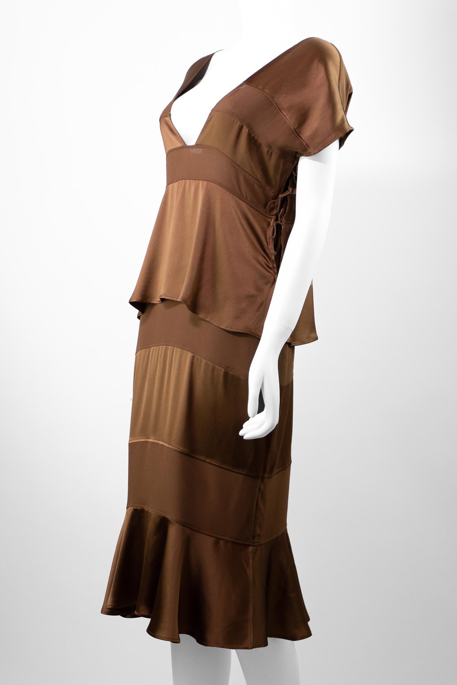 Yves Saint Laurent By Tom Ford S/S 2004 Vestido de seda vintage de pasarela Marrón en venta