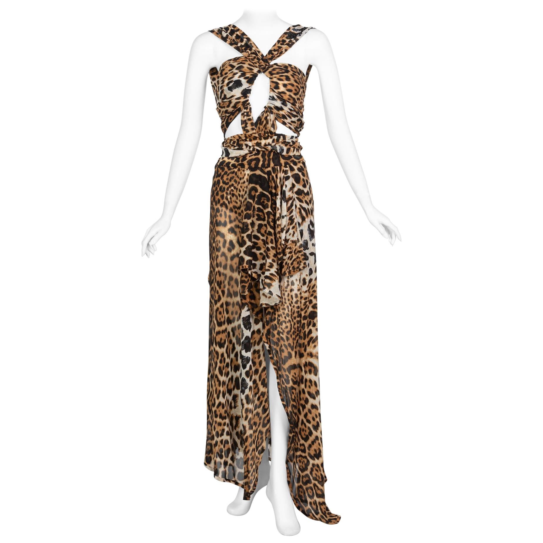  Yves Saint Laurent by Tom Ford Silk Leopard Cut Out Maxi Dress YSL, 2002 