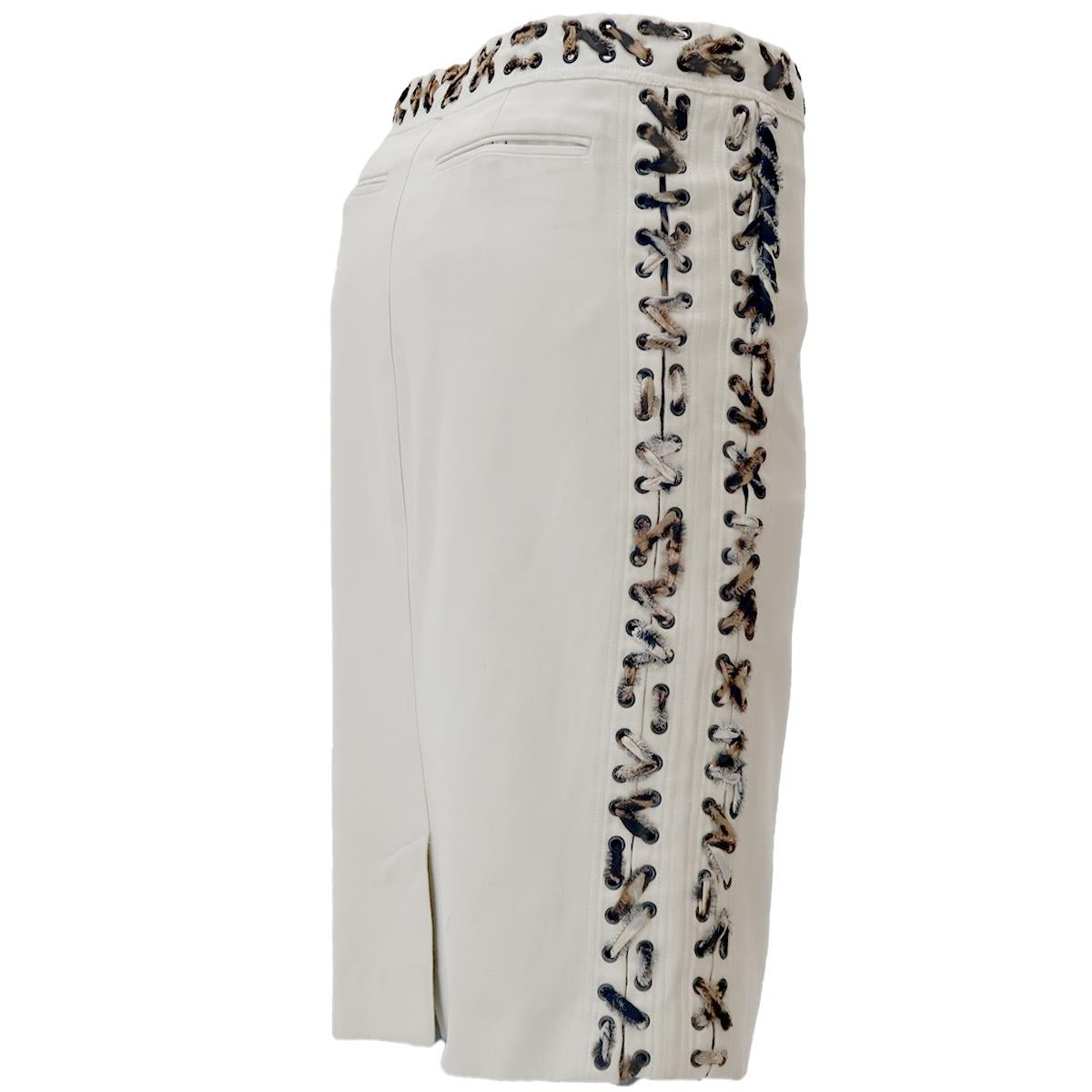 Beige Yves Saint Laurent by Tom Ford SS-02 Cotton Laced Safari Skirt with Leopard Trim For Sale
