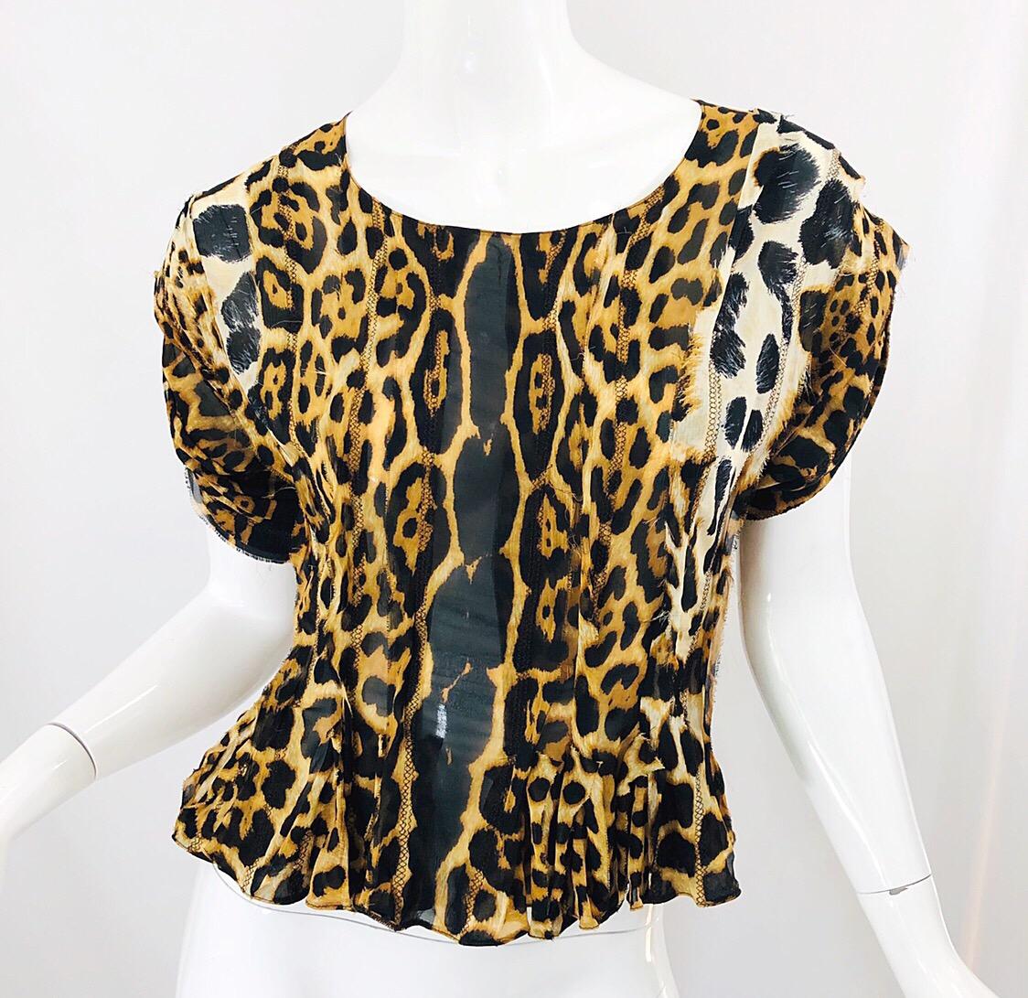 Tom Ford for Yves Saint Laurent YSL Top in chiffon di seta con stampa leopardo in vendita 3
