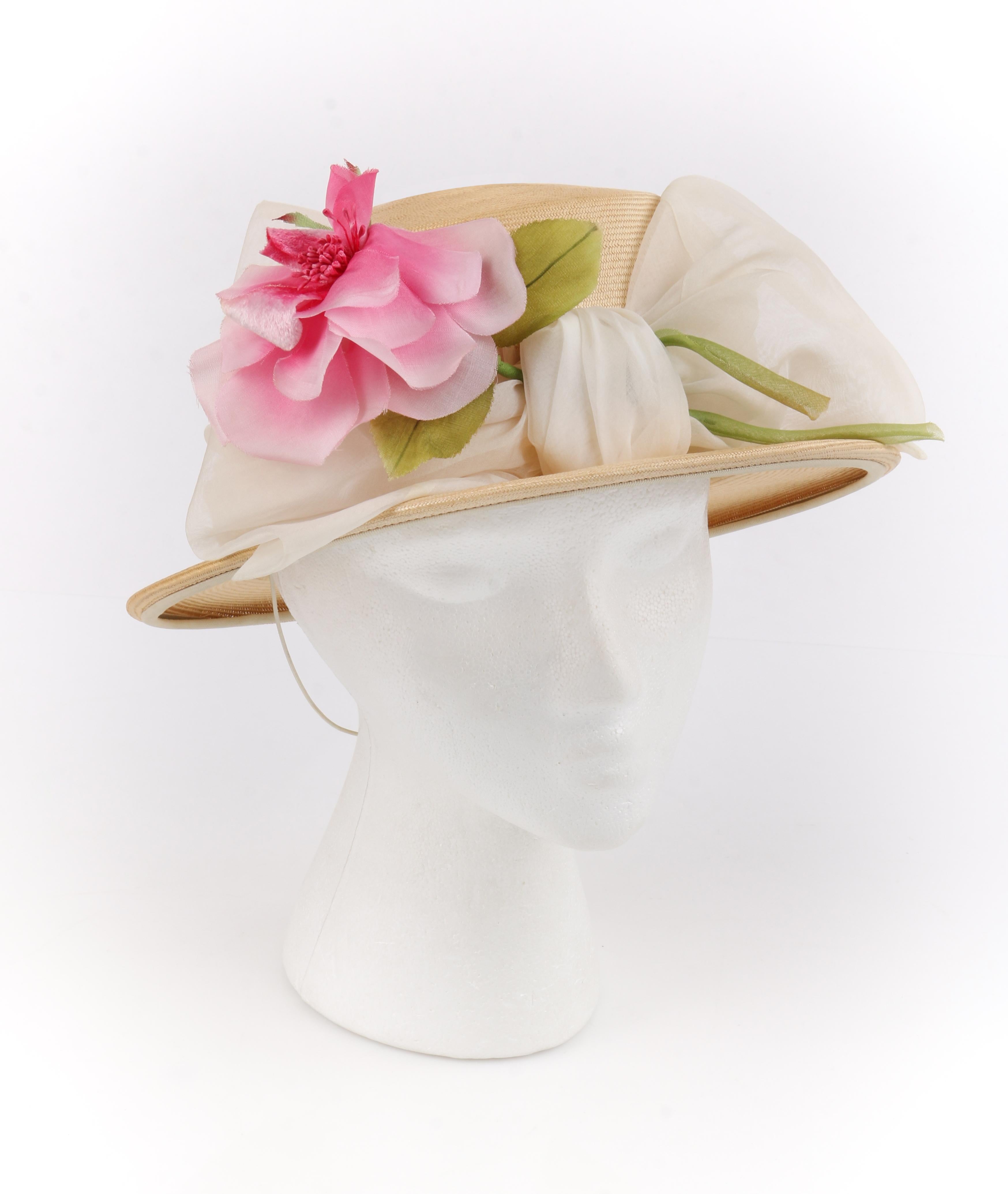 YVES SAINT LAURENT c.1960s Raffia Straw Woven Chiffon Band Bow Flower Boater Hat

Circa: 1960’s
Designer: Yves Saint Laurent
Style: Boater hat
Color(s): Body of the hat is a natural shade; turquoise blue (internal band); detail includes shades of