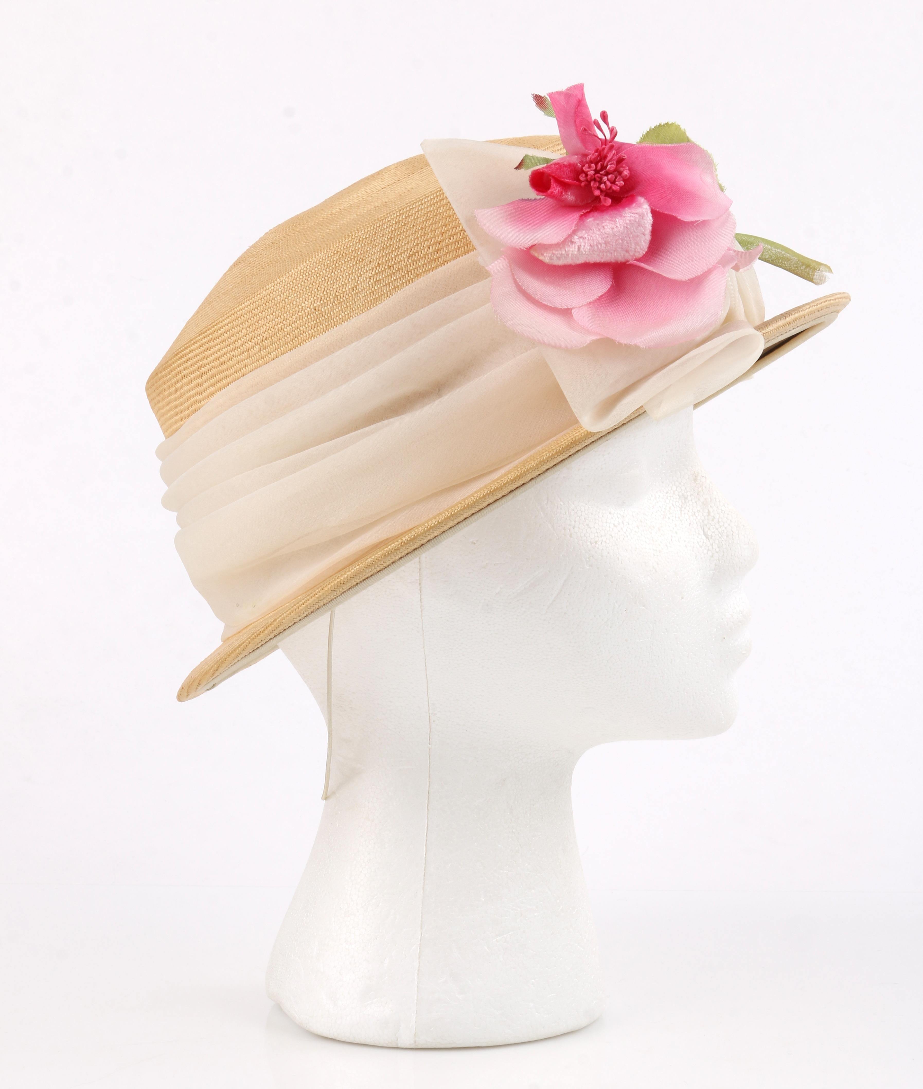 Beige YVES SAINT LAURENT c.1960s Raffia Straw Woven Chiffon Band Bow Flower Boater Hat