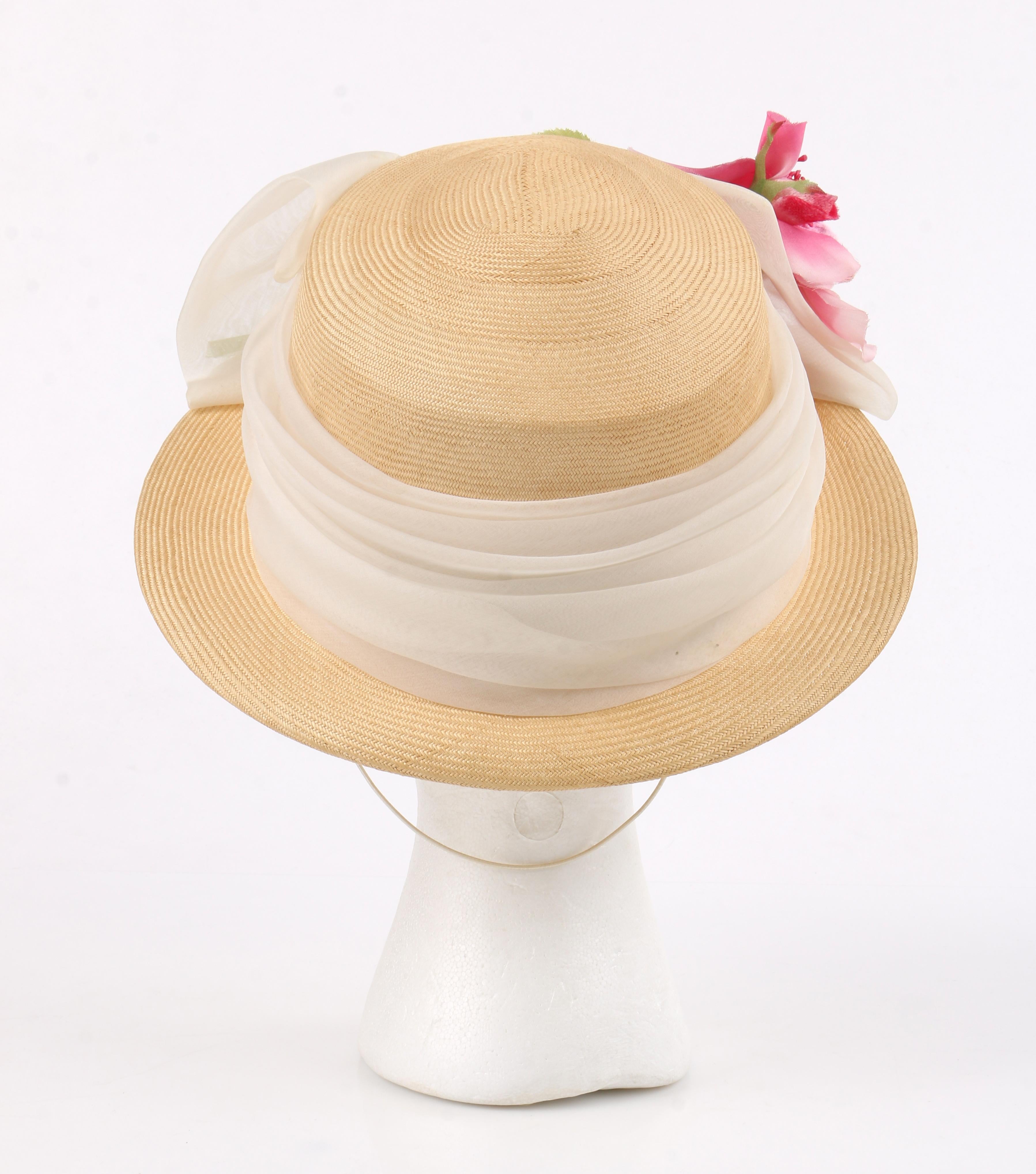 YVES SAINT LAURENT c.1960s Raffia Straw Woven Chiffon Band Bow Flower Boater Hat In Good Condition In Thiensville, WI