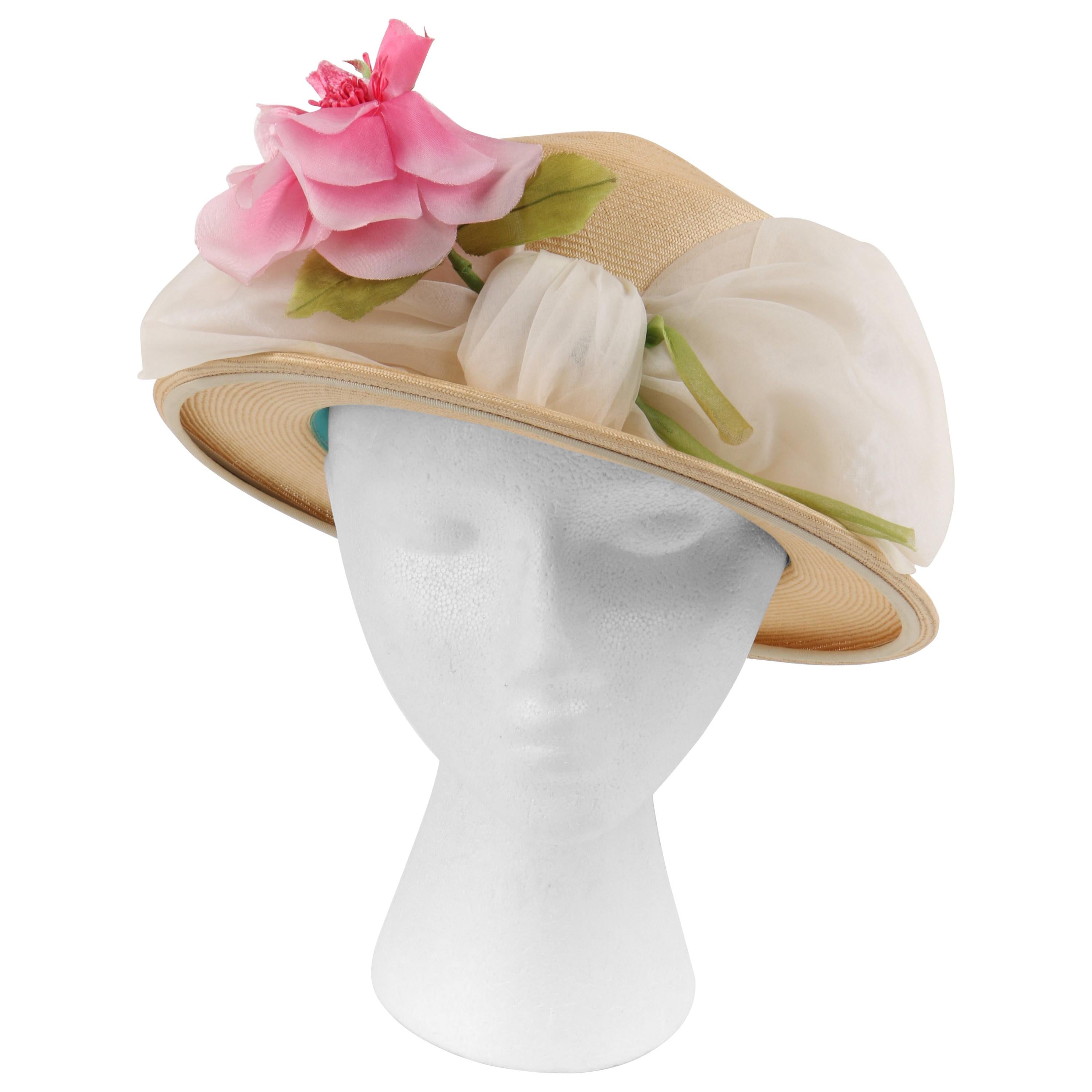 YVES SAINT LAURENT c.1960s Raffia Straw Woven Chiffon Band Bow Flower Boater Hat