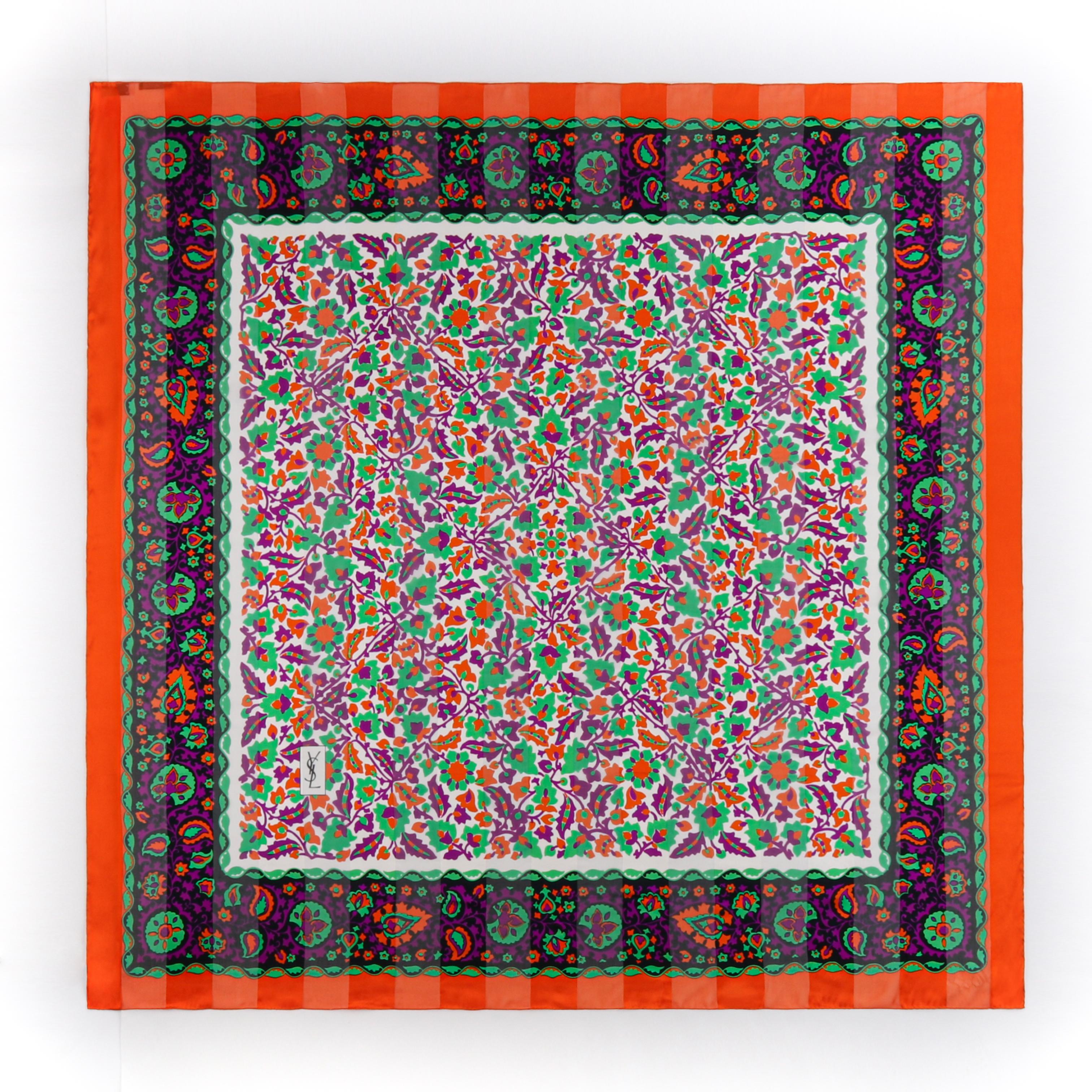YVES SAINT LAURENT c.1980s Floral Paisley Frame Striped Silk Square Scarf
 
Circa: 1980’s
Brand / Manufacturer: Yves Saint Laurent
Designer: Yves Saint Laurent
Style: Square scarf
Color(s): Orange, green, purple, black, white
Marked Fabric Content: