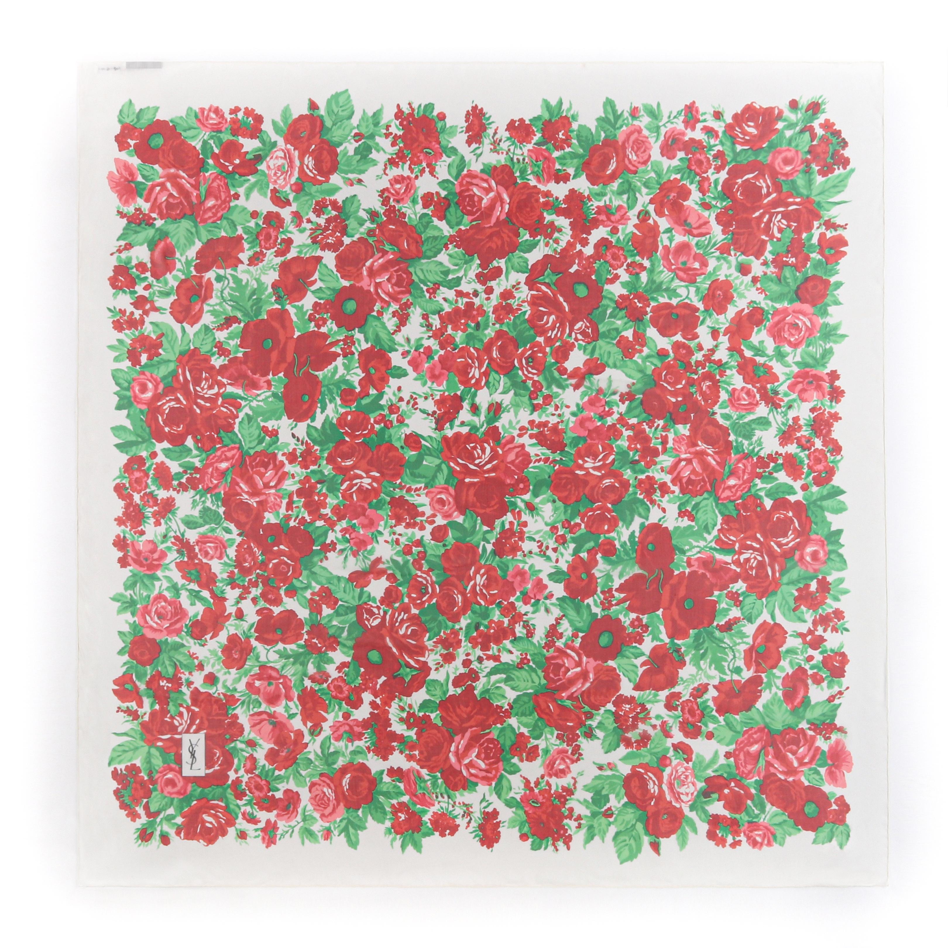 YVES SAINT LAURENT c.1980s Floral Peony & Rose Garden Silk Chiffon Scarf
 
Circa: 1980’s 
Brand / Manufacturer: Yves Saint Laurent
Designer: Yves Saint Laurent
Style: Square scarf
Color(s): Shades of red, green, white
Marked Fabric Content: “100%