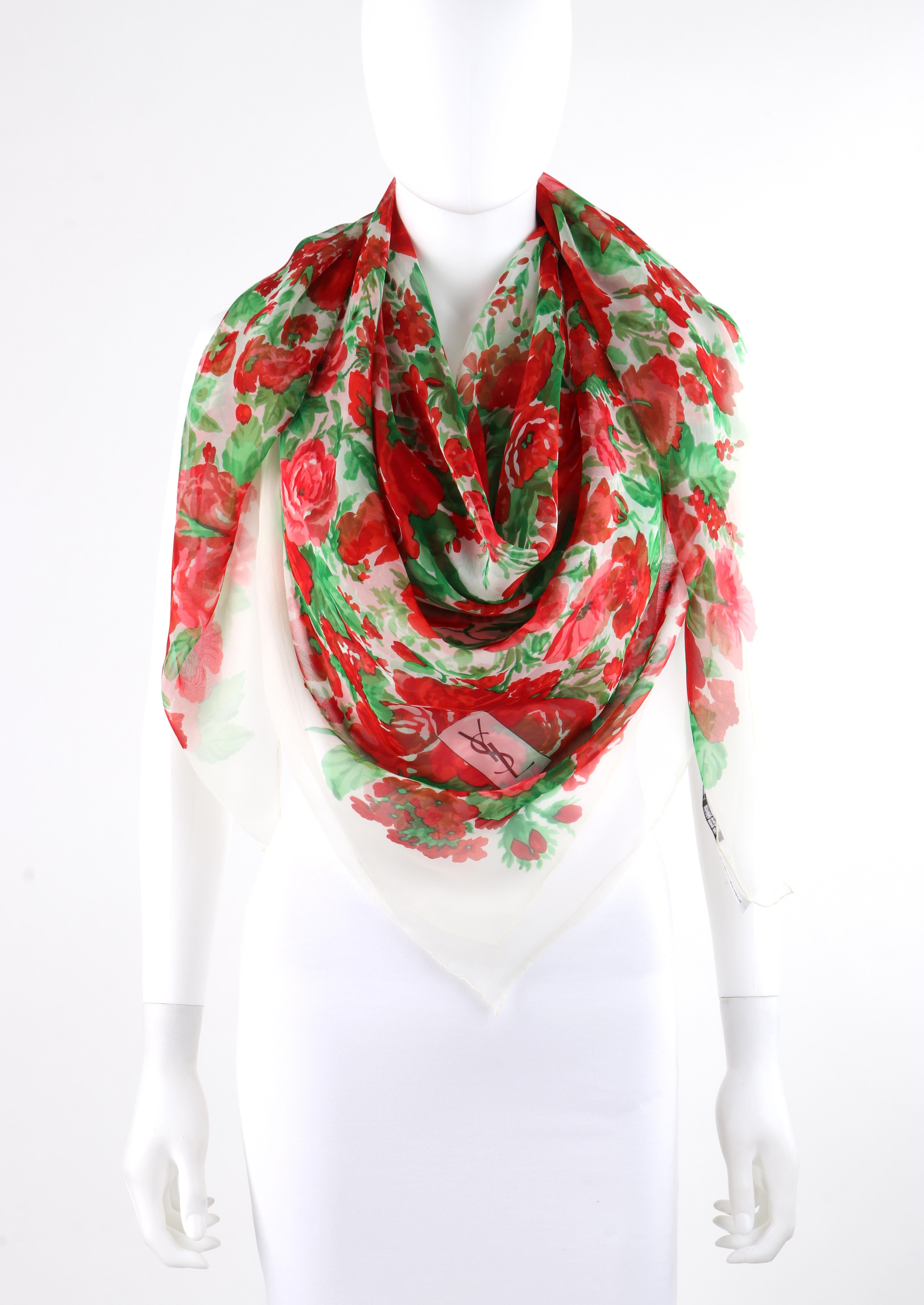 YVES SAINT LAURENT c.1980s Floral Peony & Rose Garden Silk Chiffon Scarf In Good Condition In Thiensville, WI