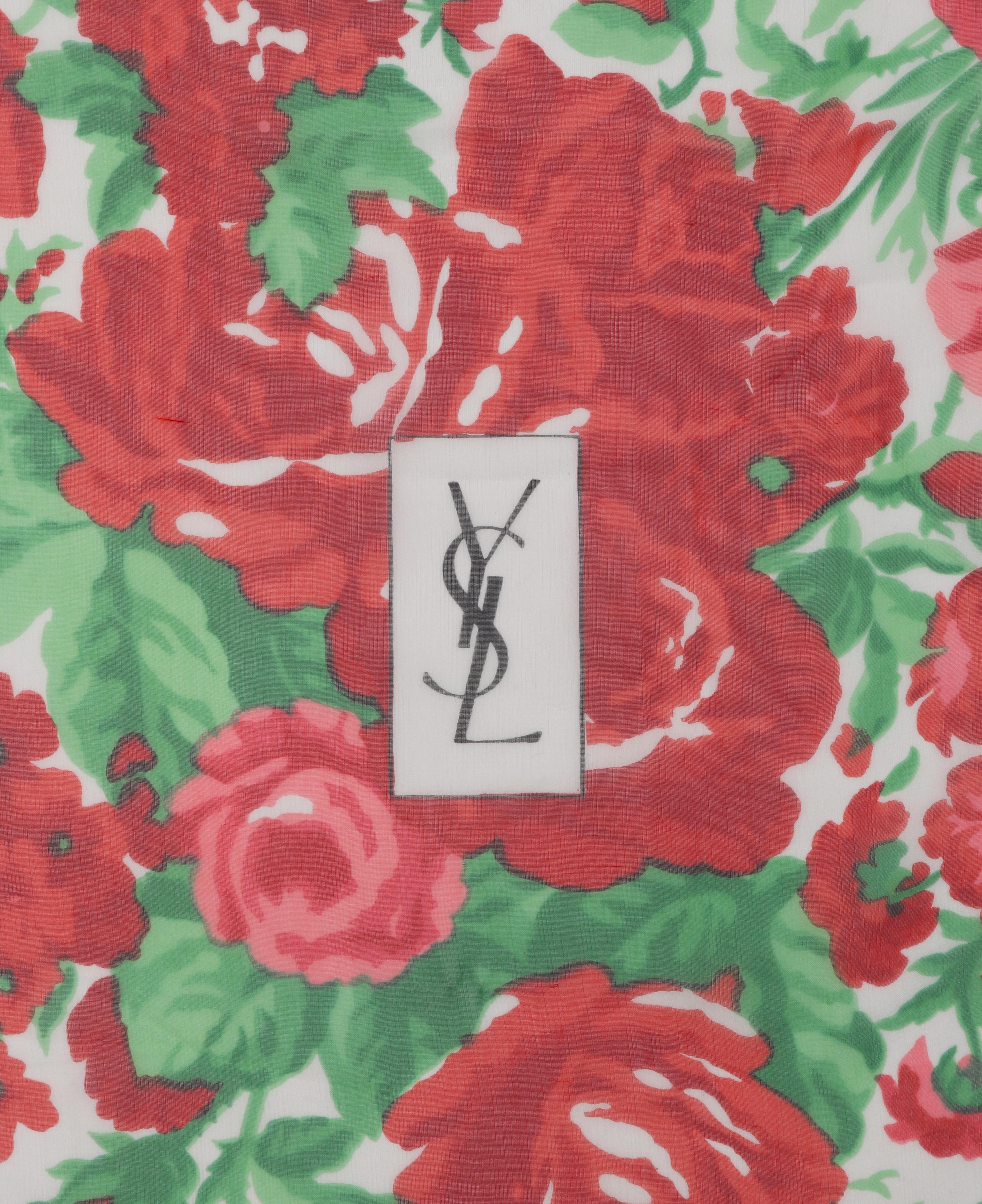 YVES SAINT LAURENT c.1980s Floral Peony & Rose Garden Silk Chiffon Scarf 2