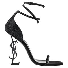 YVES SAINT LAURENT c.2017 "Opyum" Black Swarovski Crystal YSL Logo Sandals Heels